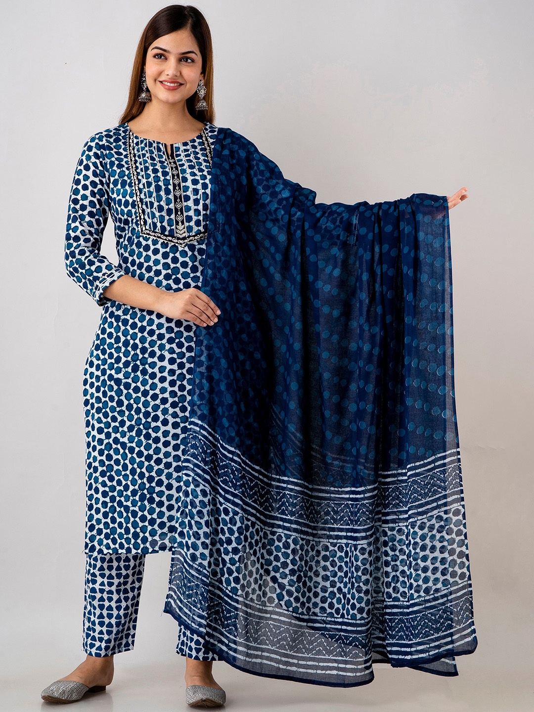 

KALINI Dyed Gotta Patti Pure Cotton Kurta with Trousers & Dupatta, Blue