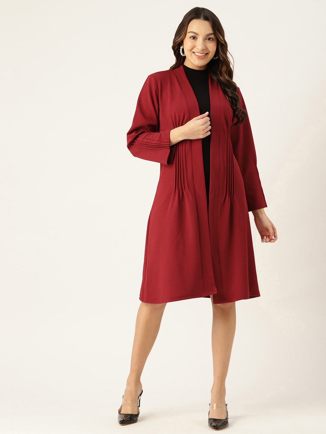 

Anaghakart Women Pleated Longline Shrug, Maroon