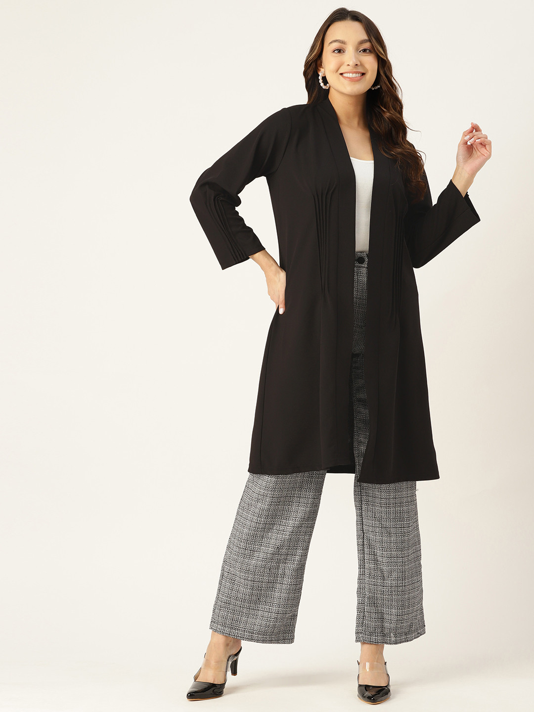 

Anaghakart Women Pleated Longline Shrug, Black