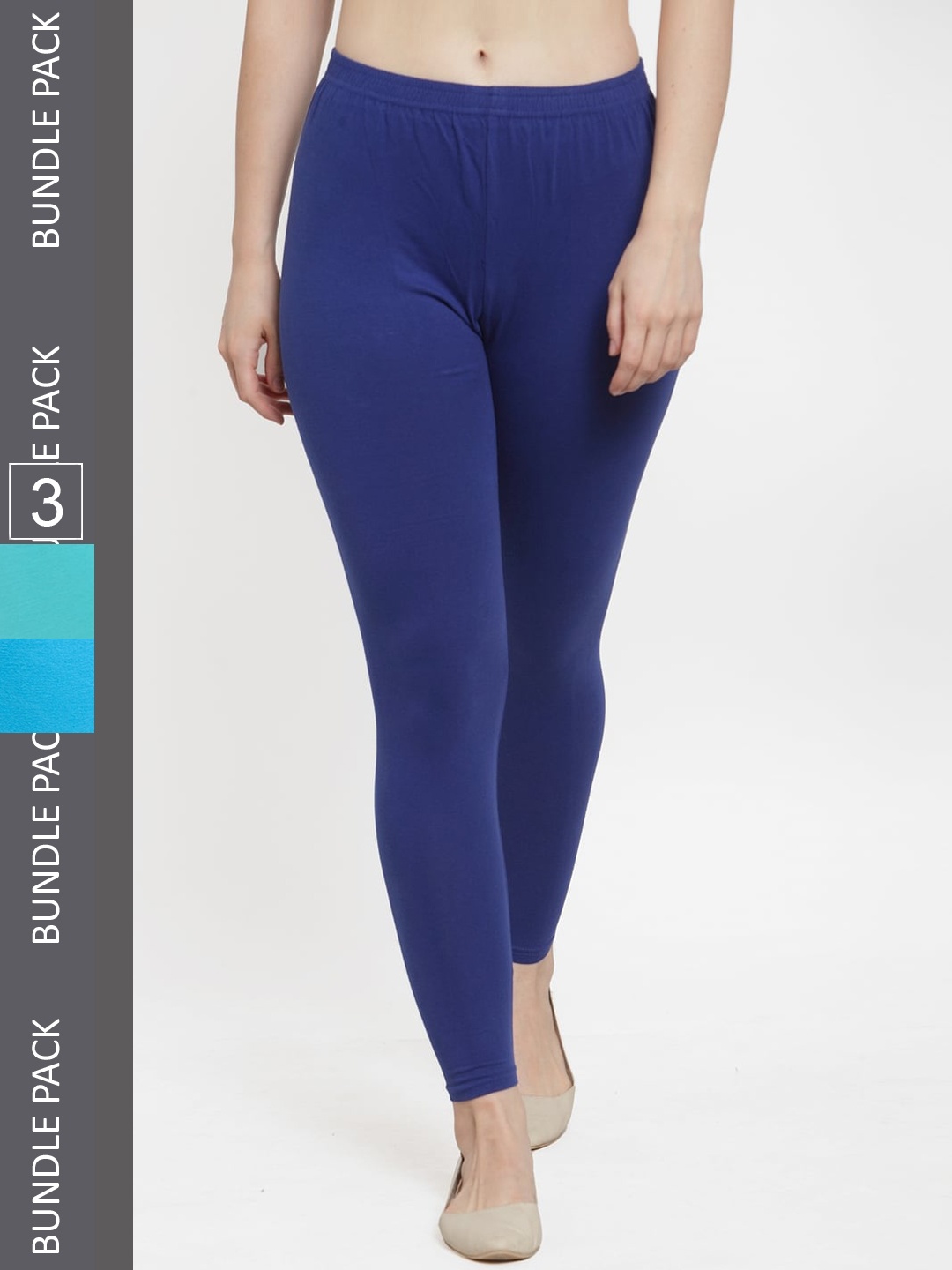 

GRACIT Pack Of 3 ankle-Length Cotton Leggings, Blue