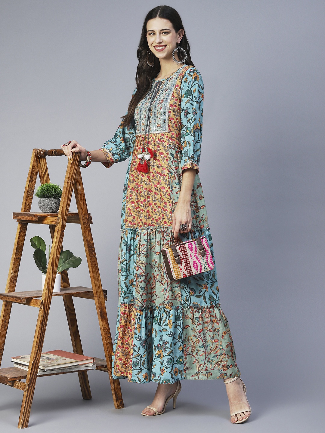 

FASHOR Ethnic Motifs Printed Tiered Cotton Maxi Dress, Multi