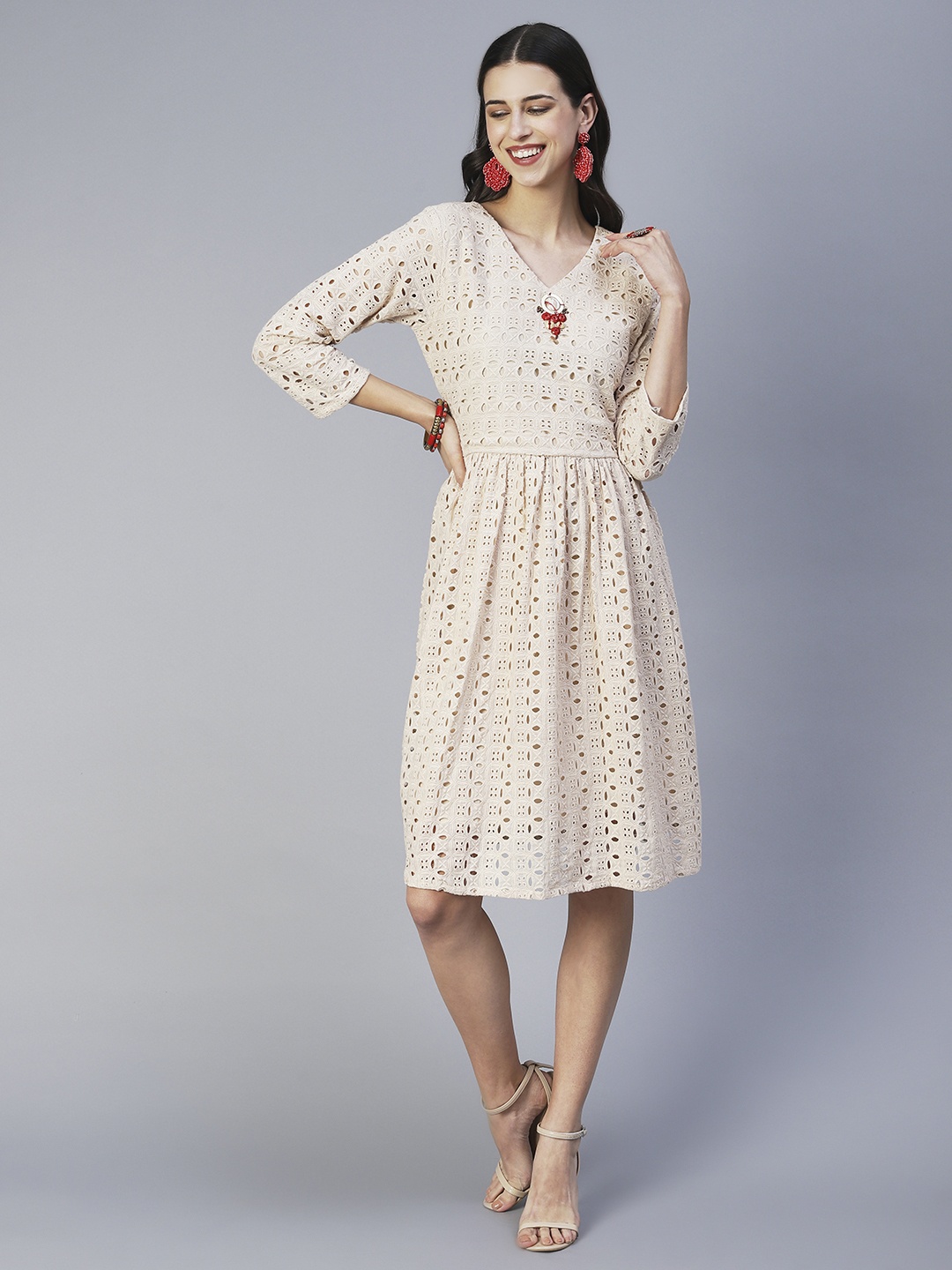 

FASHOR Floral Cotton A-Line Dress, Beige