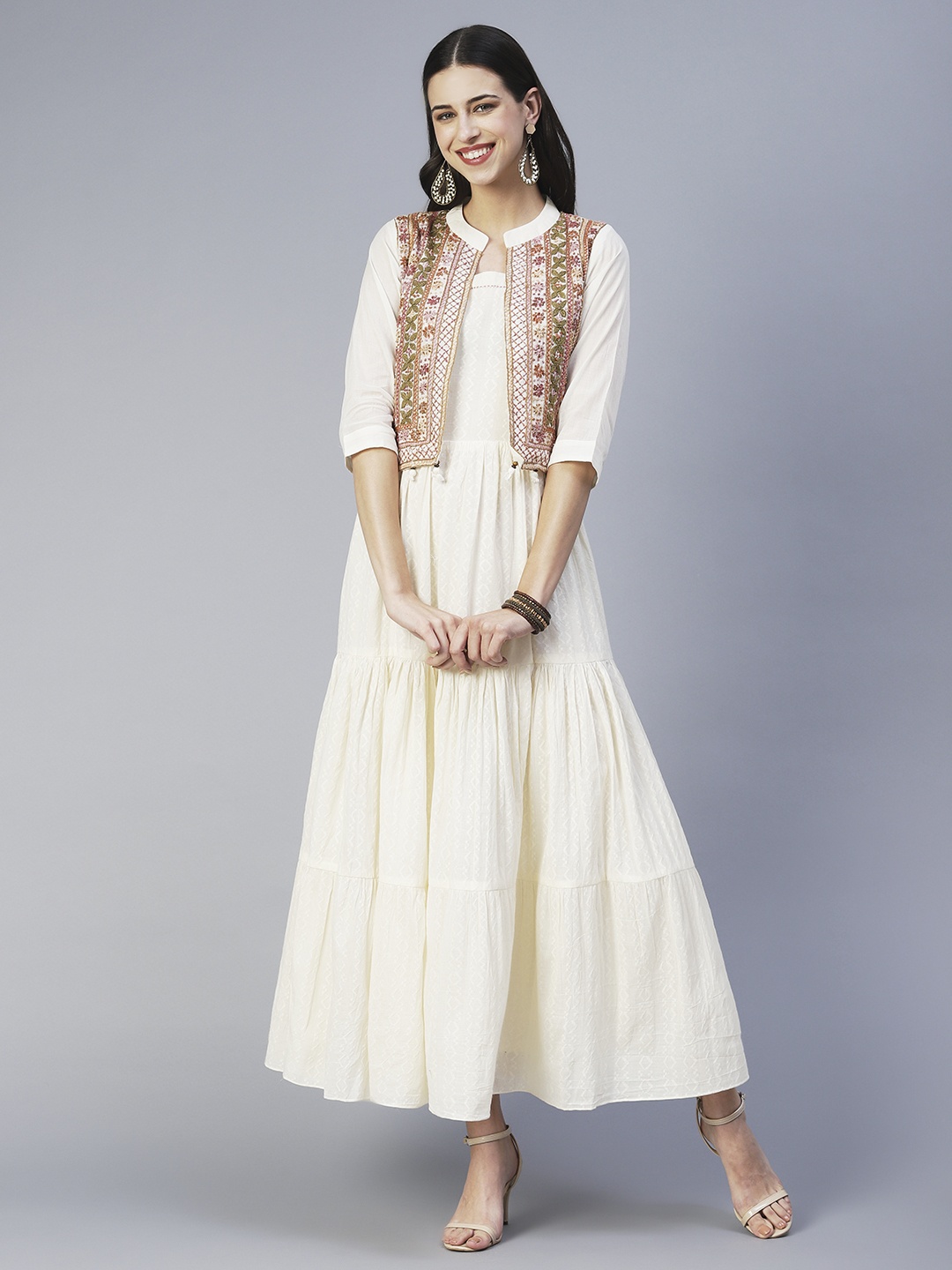 

FASHOR Self Design Cotton A-Line Ethnic Dress With Embroidered Jacket, Off white