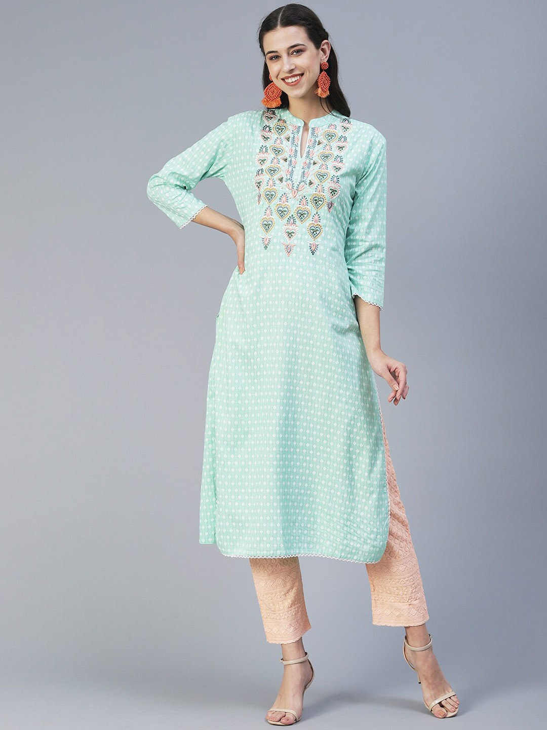 

FASHOR Ethnic Motifs Printed Thread Work Kurta, Turquoise blue