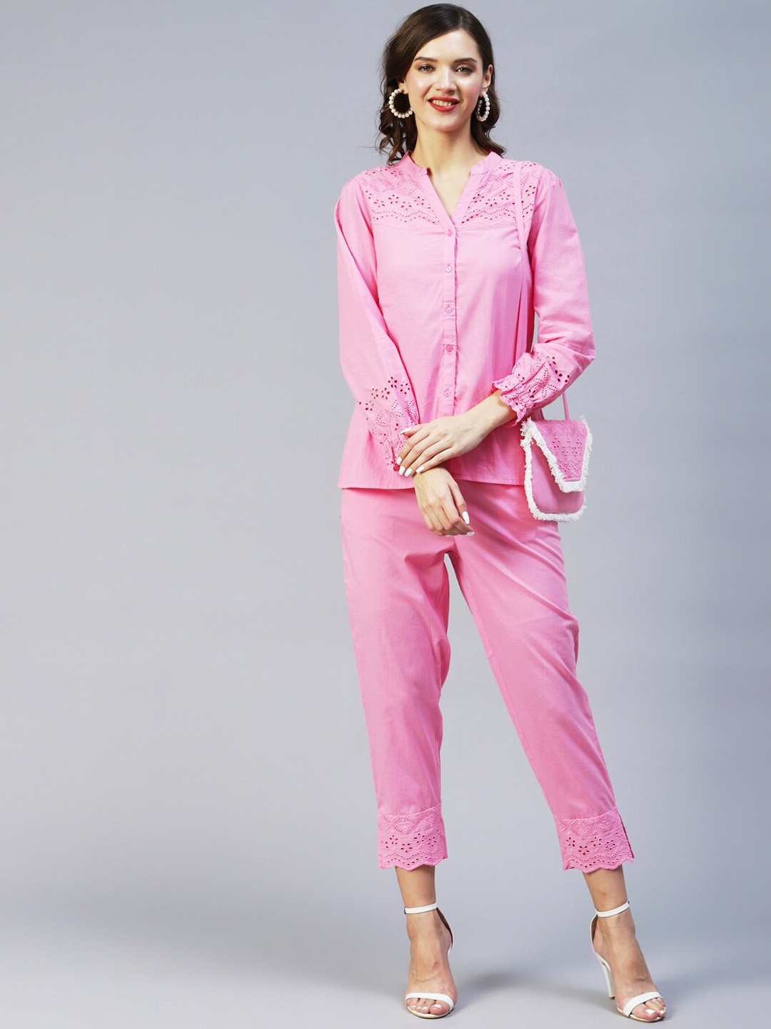 

FASHOR Women Long Sleeves Cotton Co-Ord Set, Pink