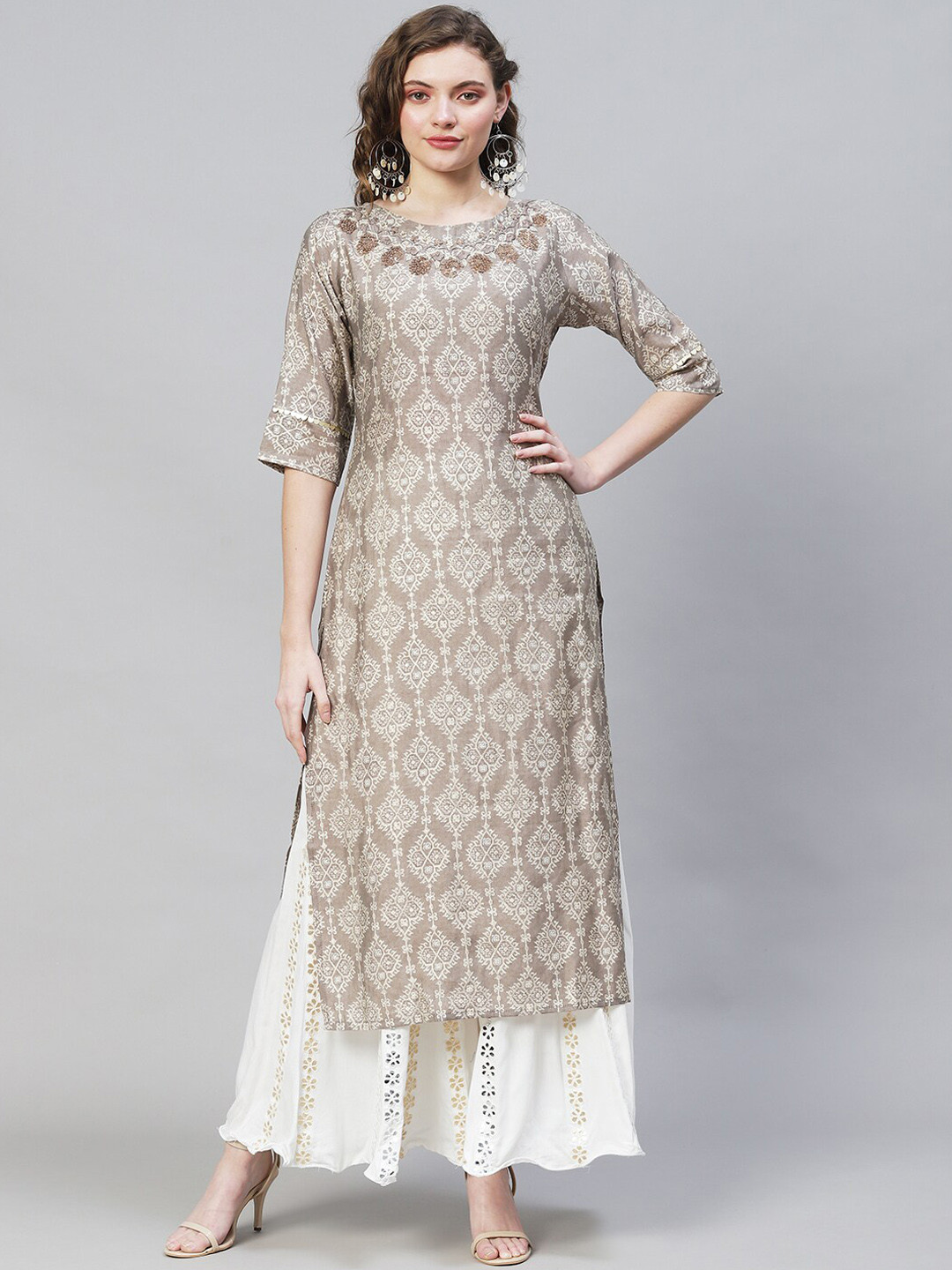 

FASHOR Ethnic Motifs Printed Silk Kurta, Taupe