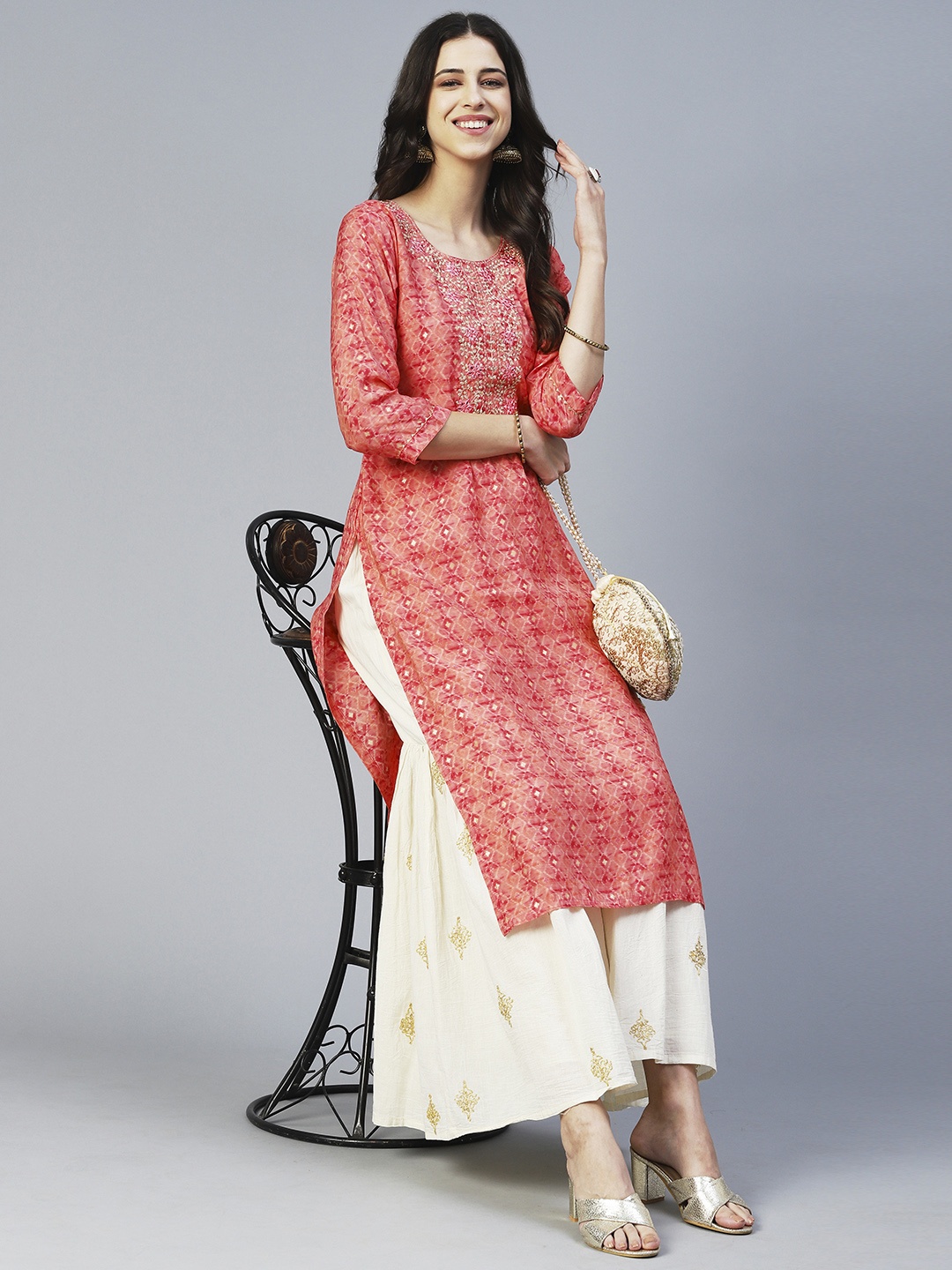 

FASHOR Ethnic Motifs Printed Silk Kurta, Peach