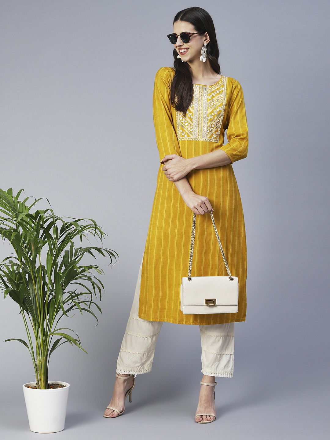 

FASHOR Three-Quarter Sleeves Striped Thread Work Kurta, Mustard