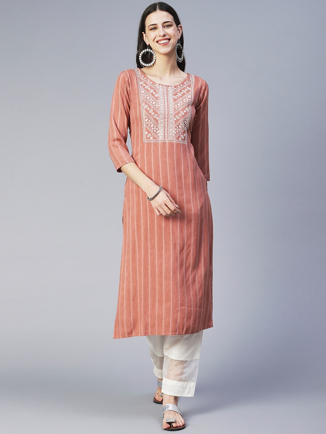 

FASHOR Striped Mirror Work Kurta, Copper