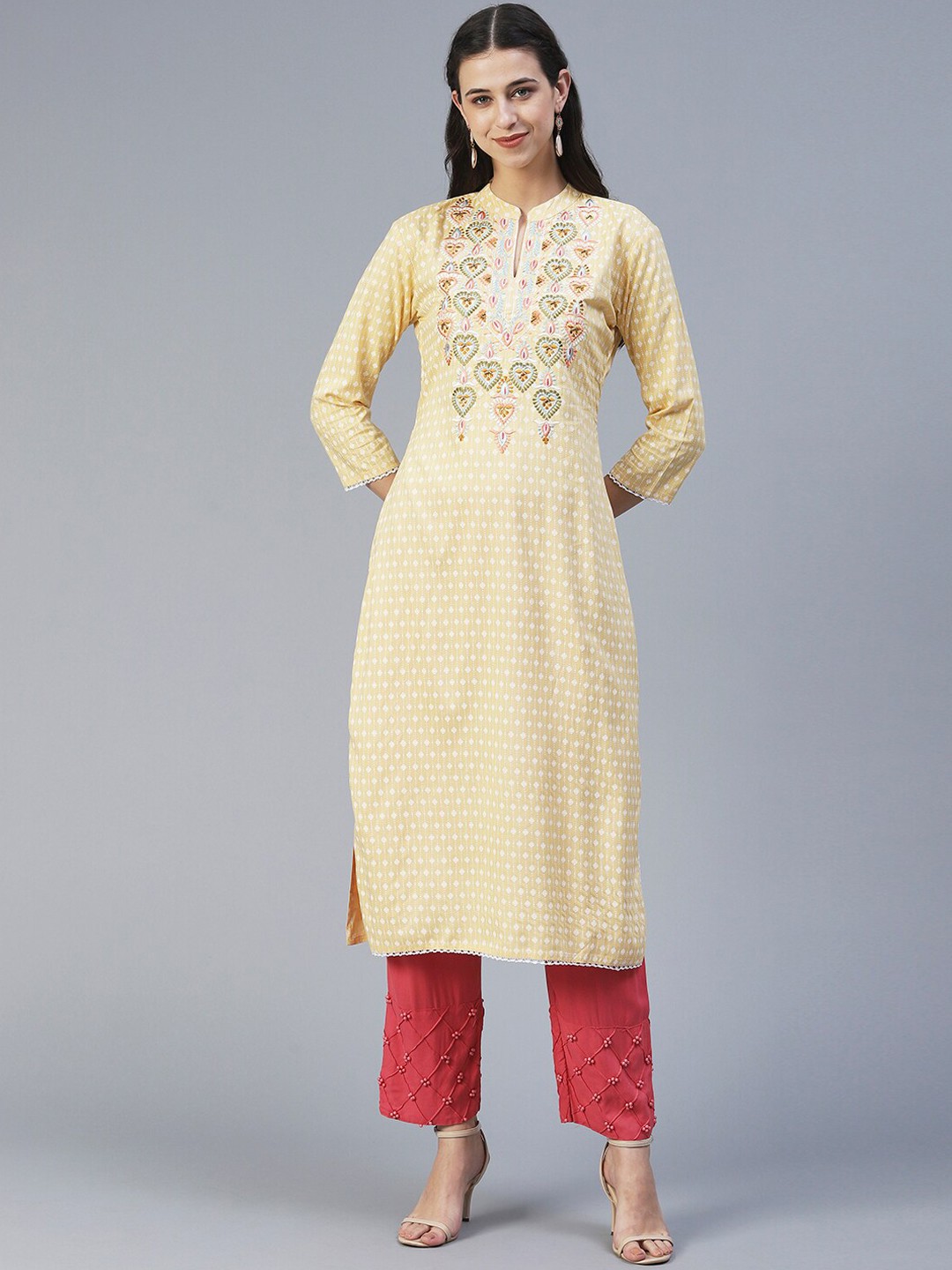 

FASHOR Ethnic Motifs Printed Thread Work Kurta, Yellow