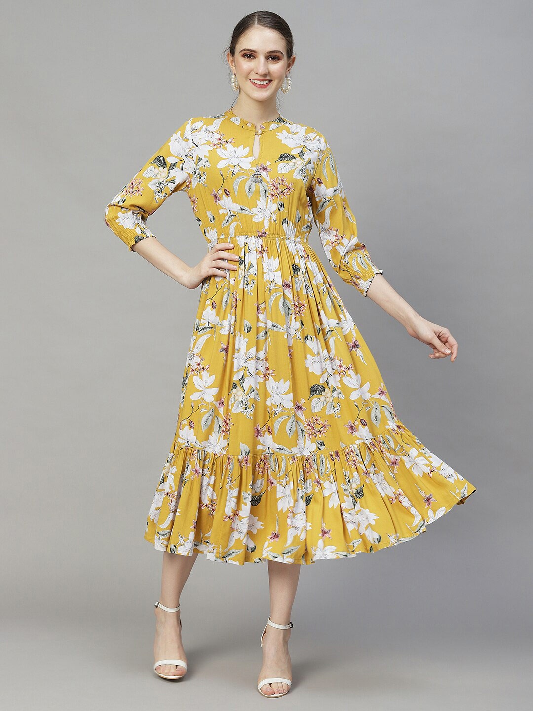 

FASHOR Floral Keyhole Neck A-Line Dress, Yellow