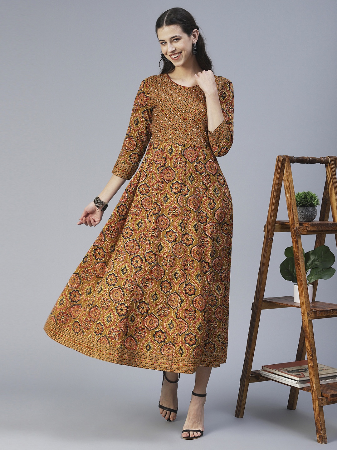 

FASHOR Ethnic Motifs Printed A-Line Cotton Midi Dress, Mustard