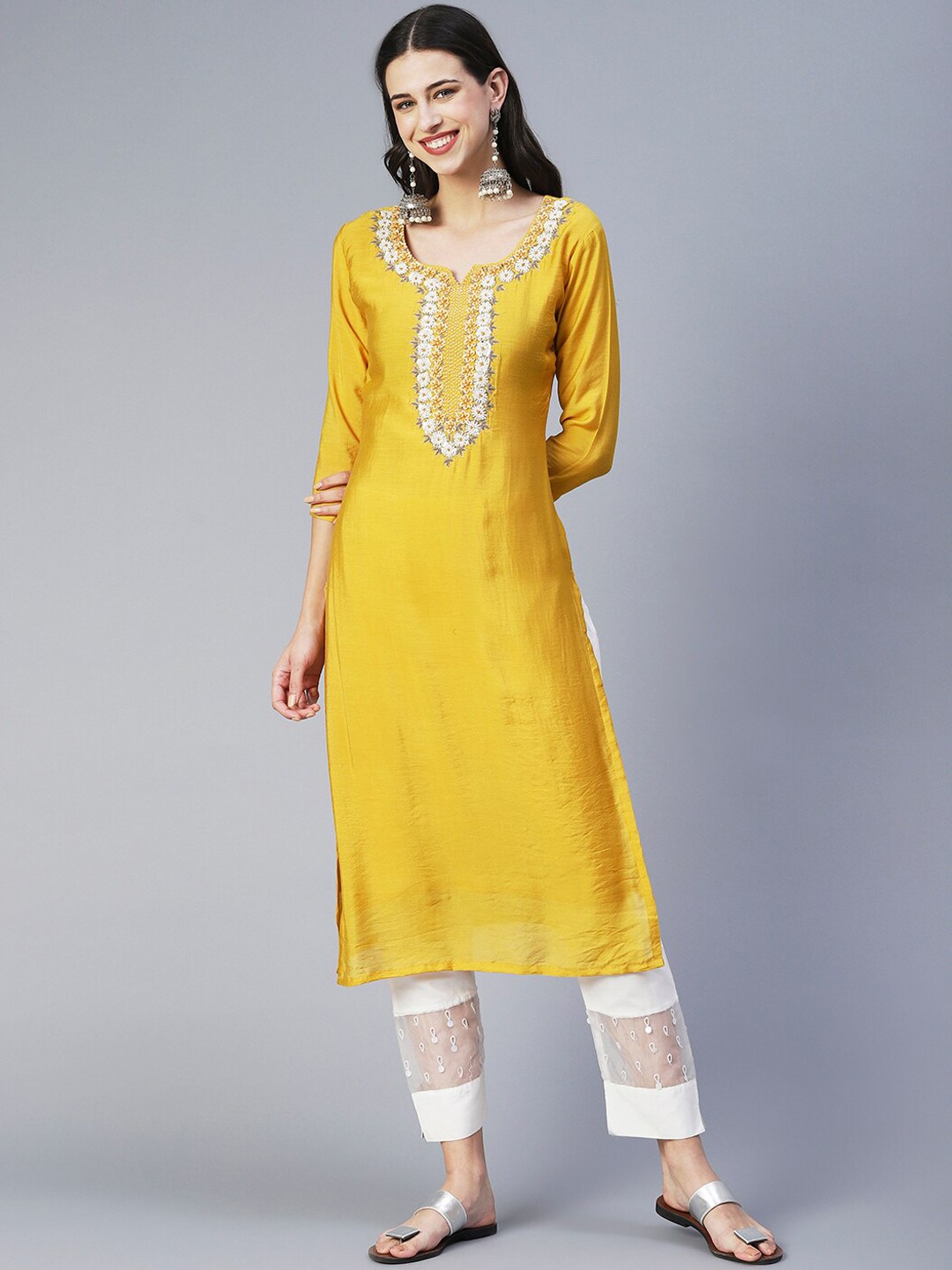 

FASHOR Floral Embroidered Thread Work Silk Kurta, Yellow