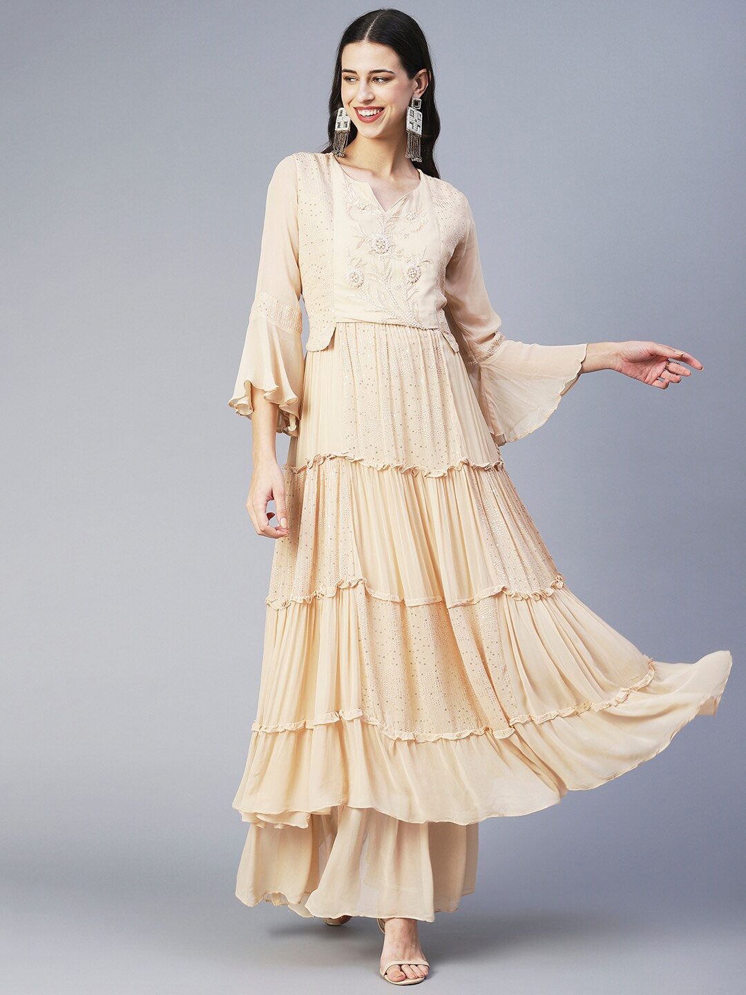 

FASHOR Floral Layered Georgette A-Line Dress, Cream