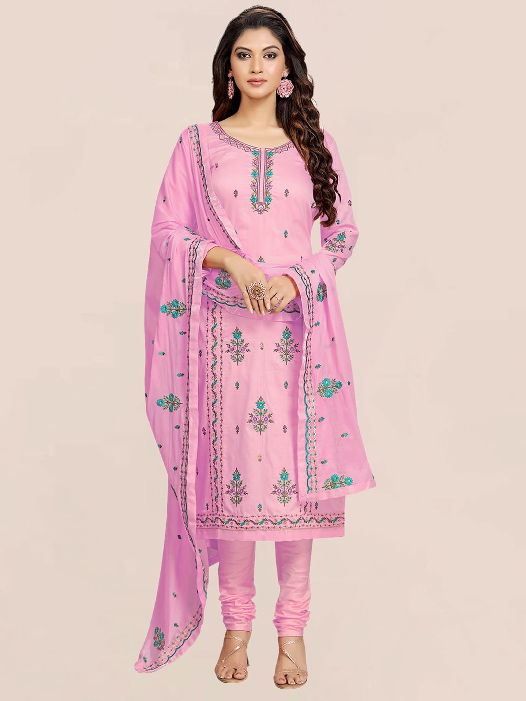 

Nivah Fashion Pink & Blue Embroidered Pure Cotton Unstitched Dress Material