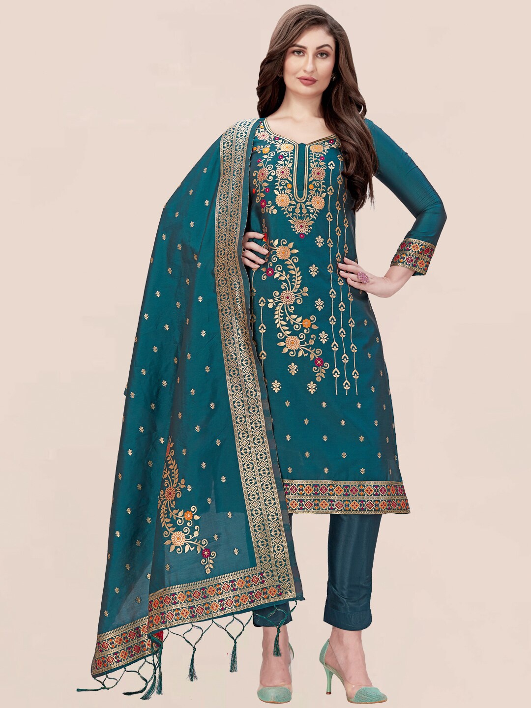 

Nivah Fashion Turquoise Blue & Gold-Toned Embroidered Unstitched Dress Material