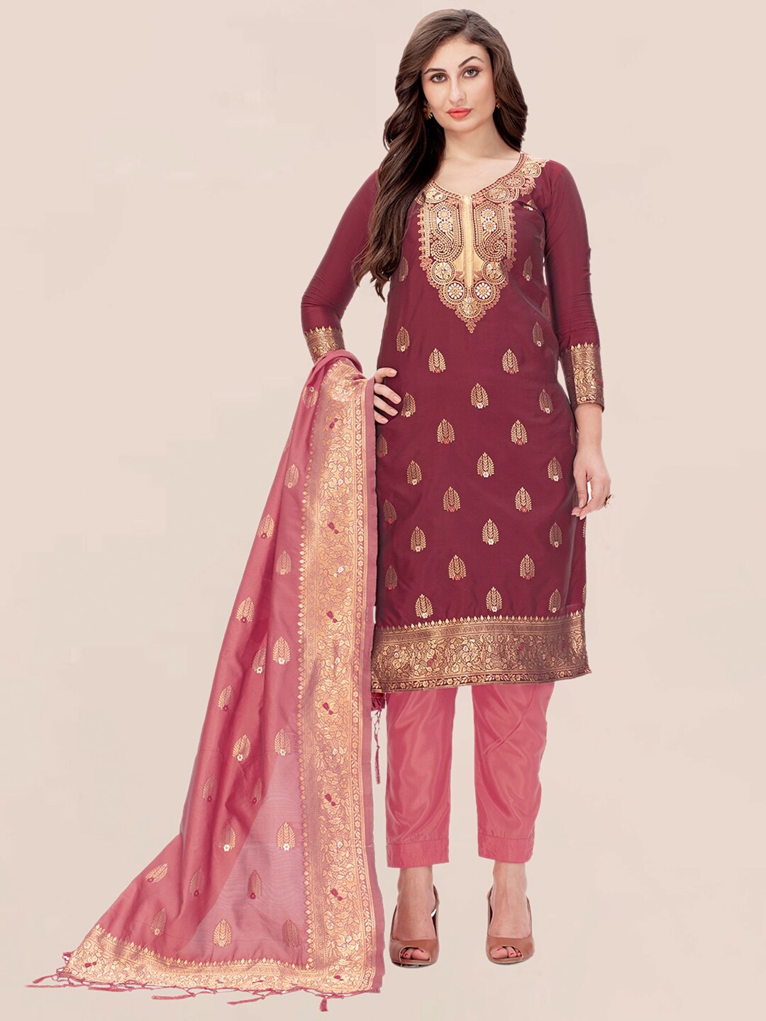 

Nivah Fashion Maroon & Gold-Toned Embroidered Unstitched Dress Material