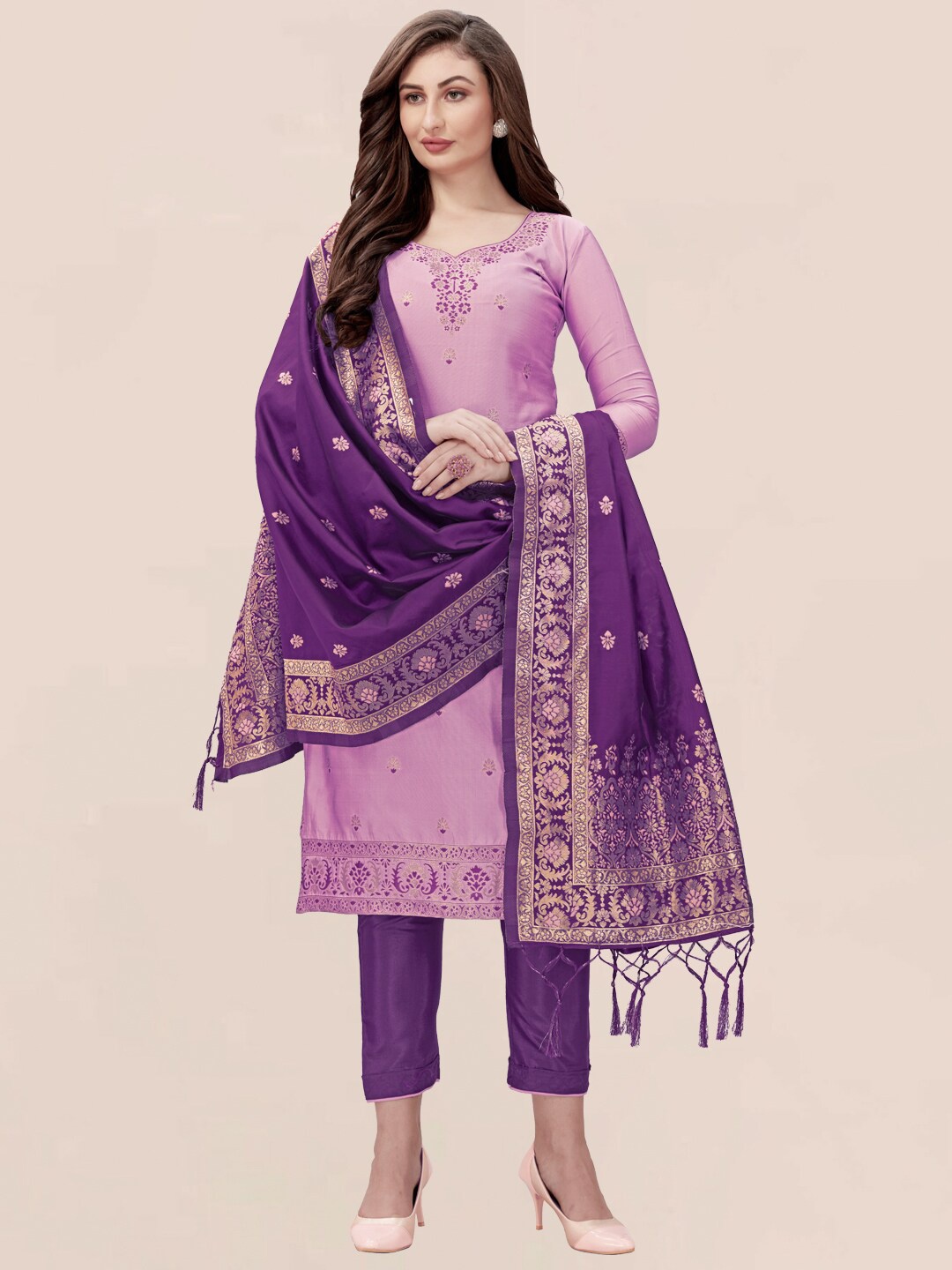 

Nivah Fashion Pink & Gold-Toned Embroidered Unstitched Dress Material