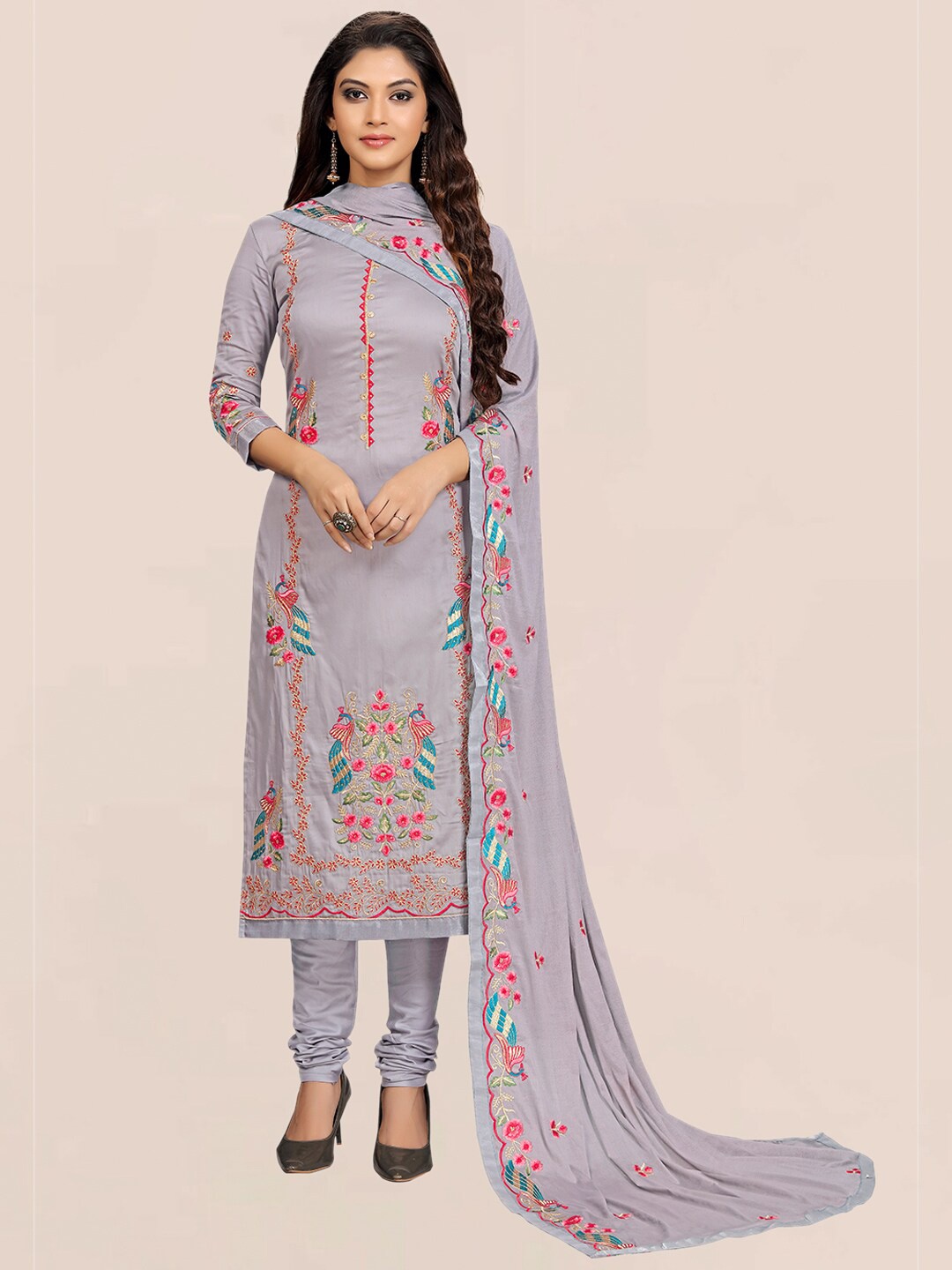 

Nivah Fashion Grey & Red Embroidered Pure Cotton Unstitched Dress Material