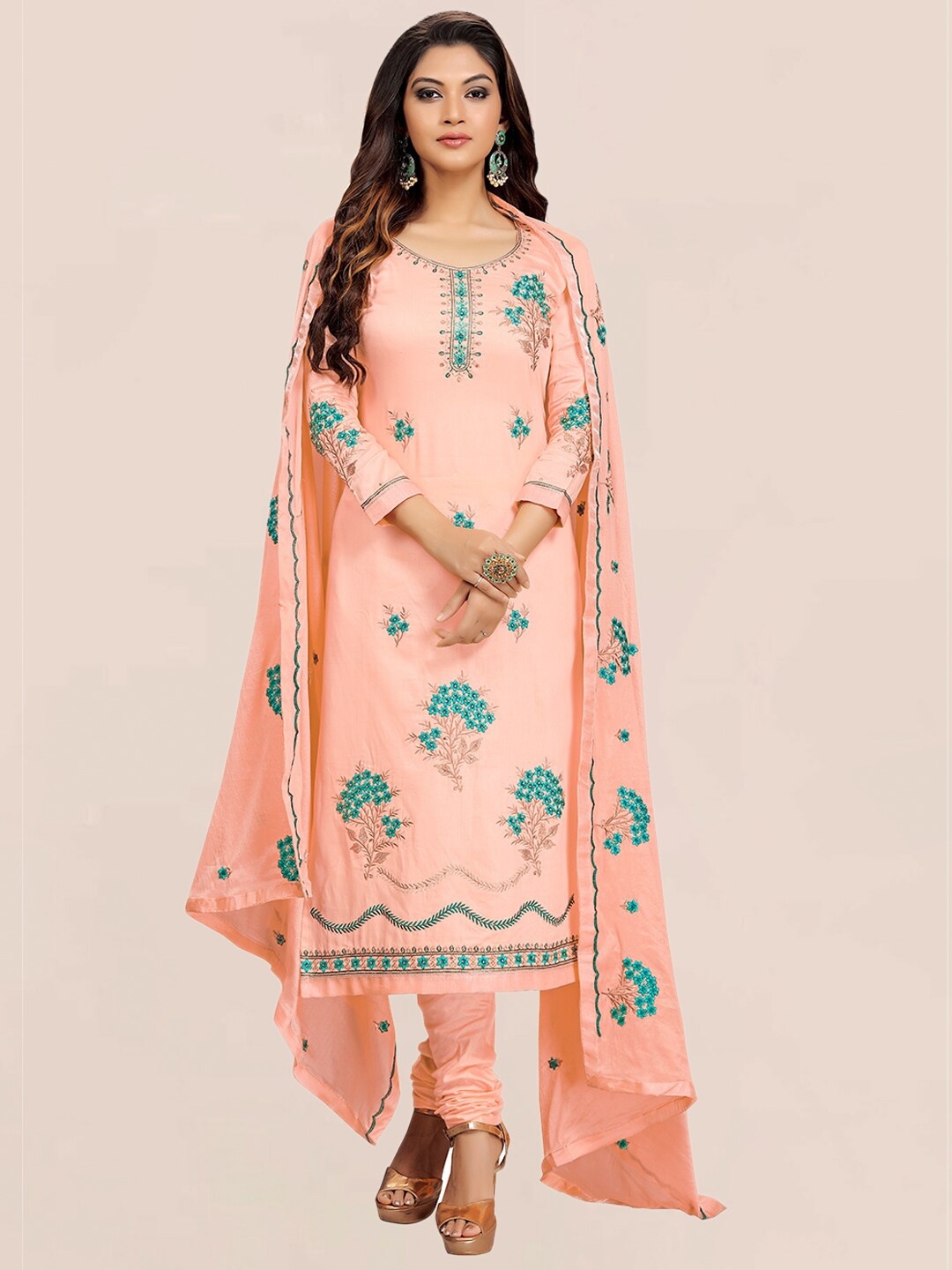 

Nivah Fashion Orange & Blue Embroidered Pure Cotton Unstitched Dress Material