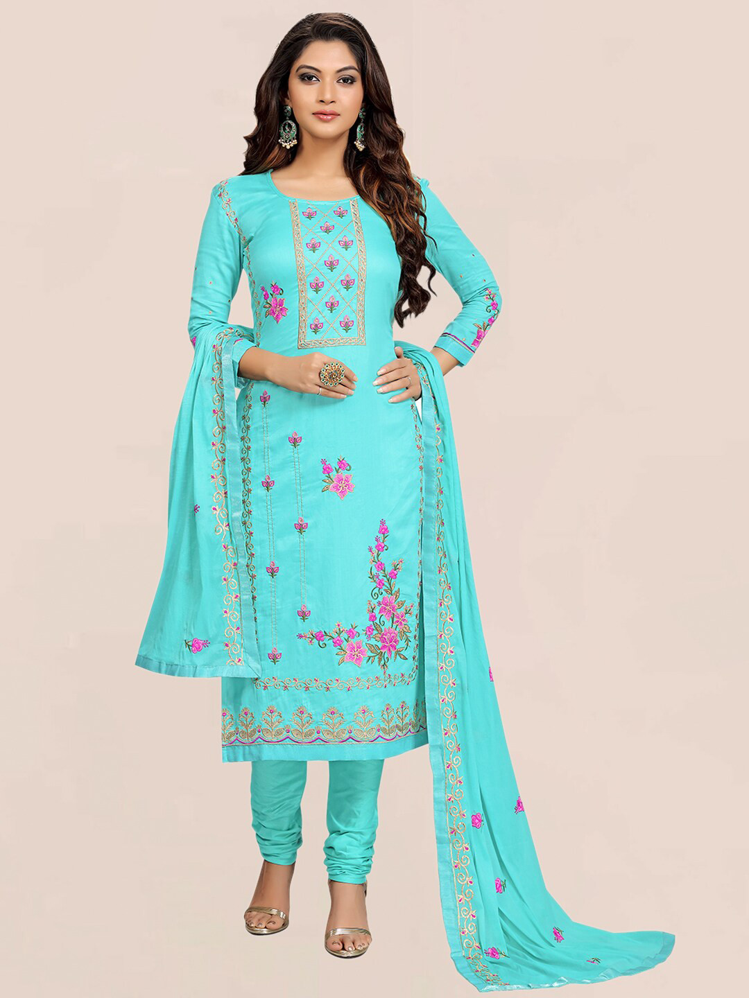 

Nivah Fashion Sea Green & Pink Embroidered Pure Cotton Unstitched Dress Material