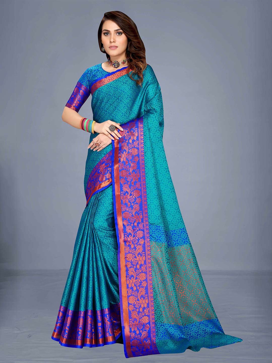

VENISA Teal & Purple Woven Design Zari Saree