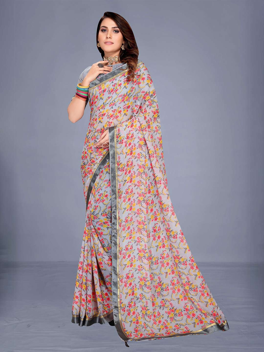 

VENISA Grey & Pink Floral Zari Bagh Saree