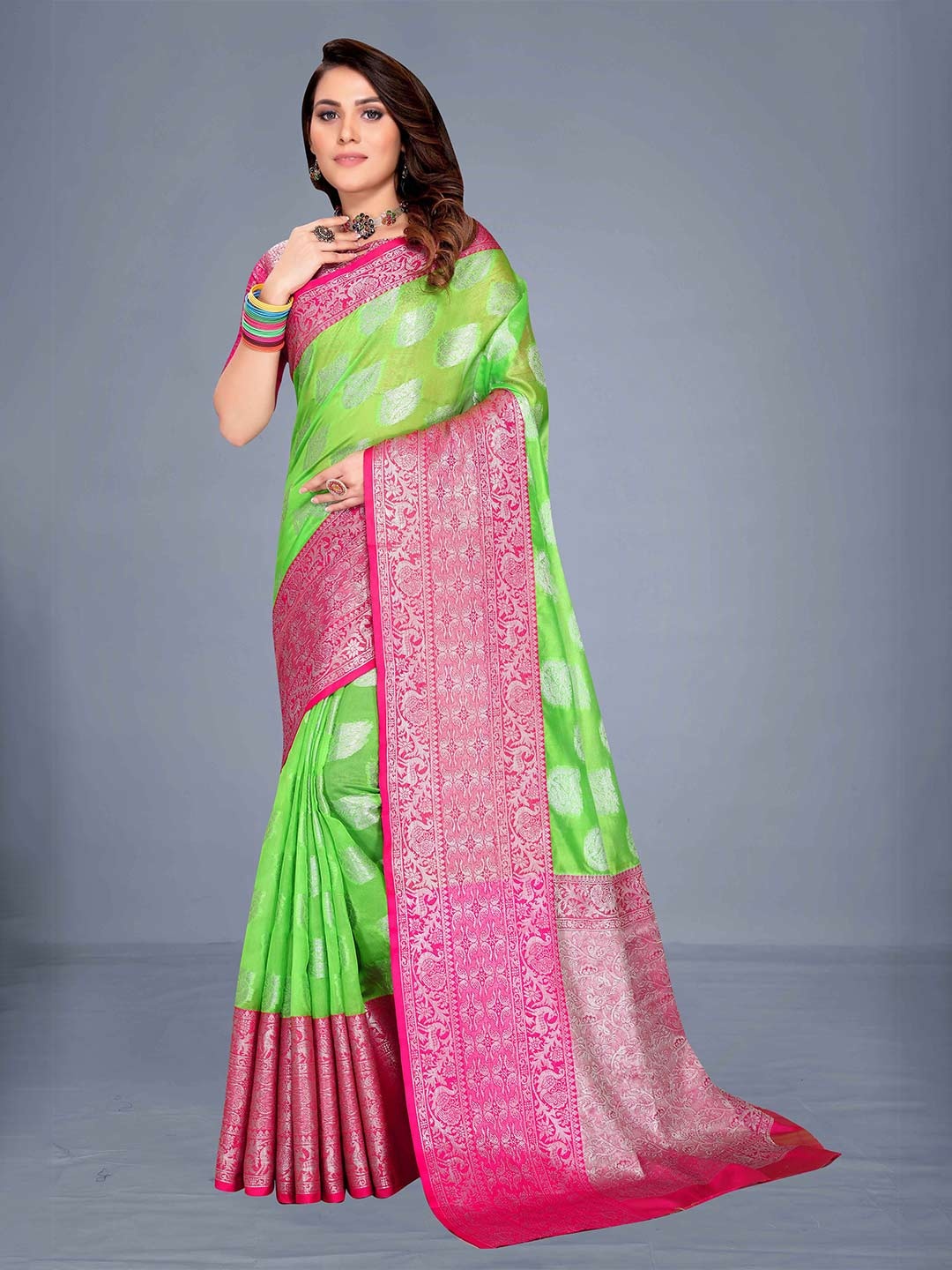 

VENISA Green & Pink Woven Design Zari Saree