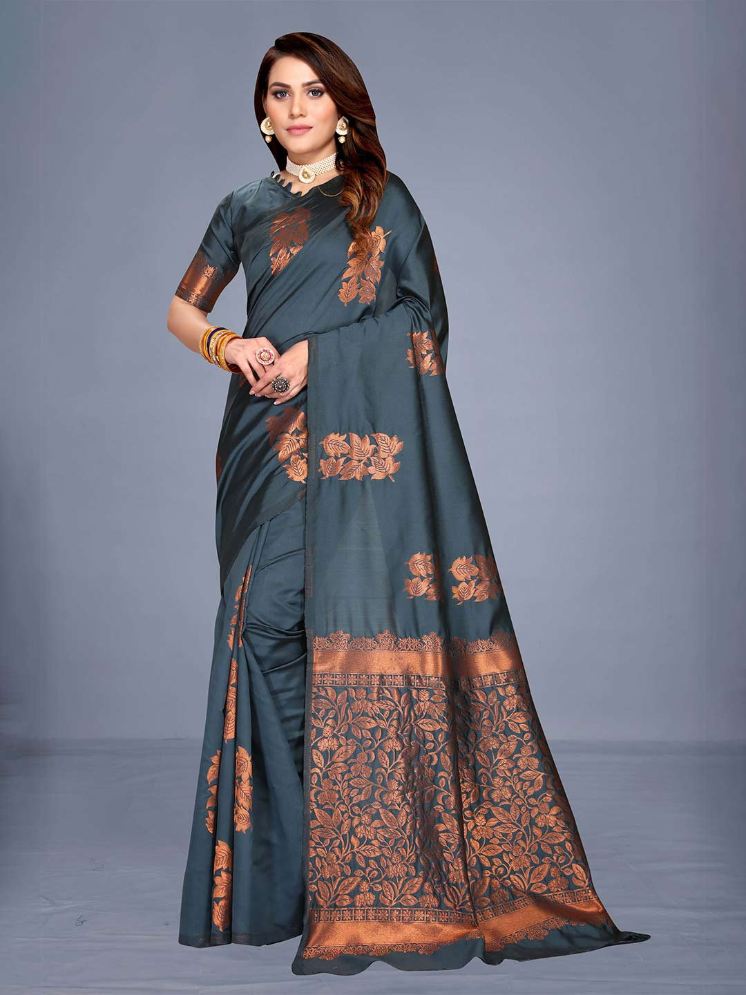 

VENISA Grey & Copper-Toned Woven Design Zari Saree