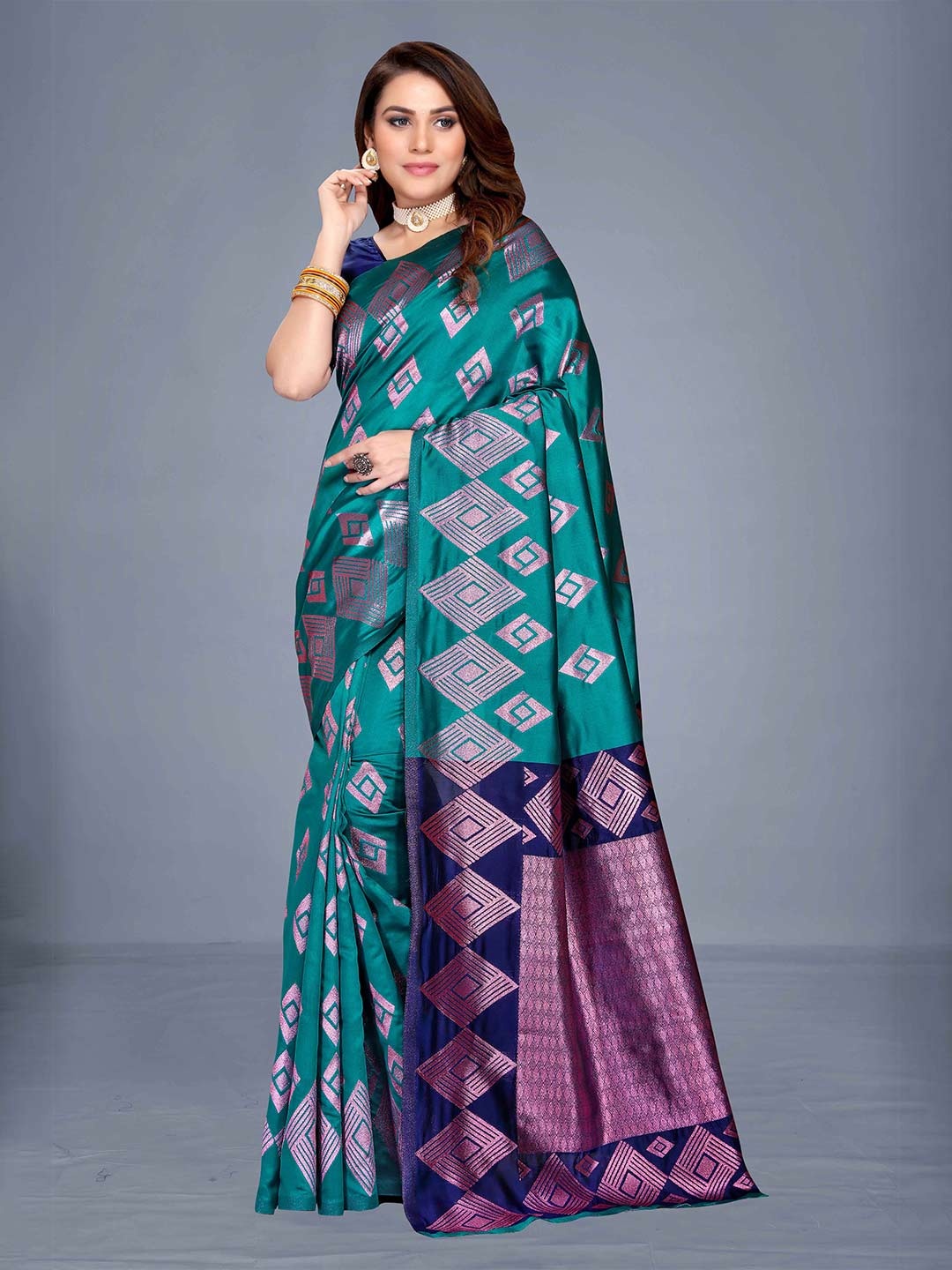 

VENISA Teal & Navy Blue Woven Design Zari Saree