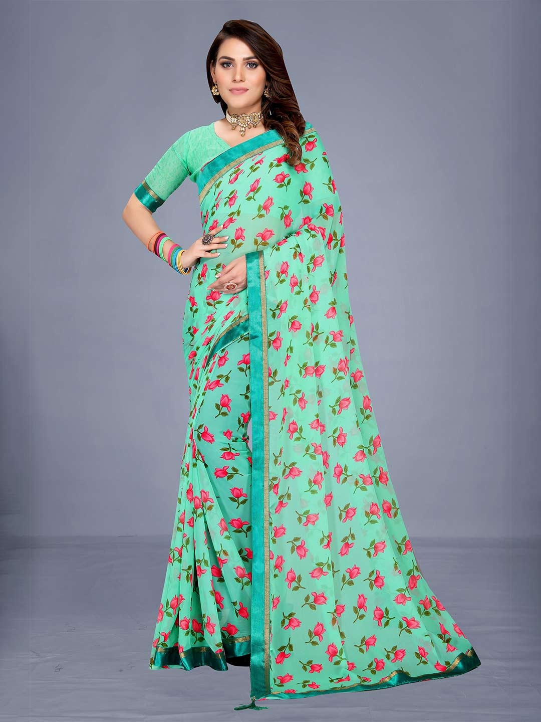 

VENISA Sea Green & Red Floral Zari Bagh Saree