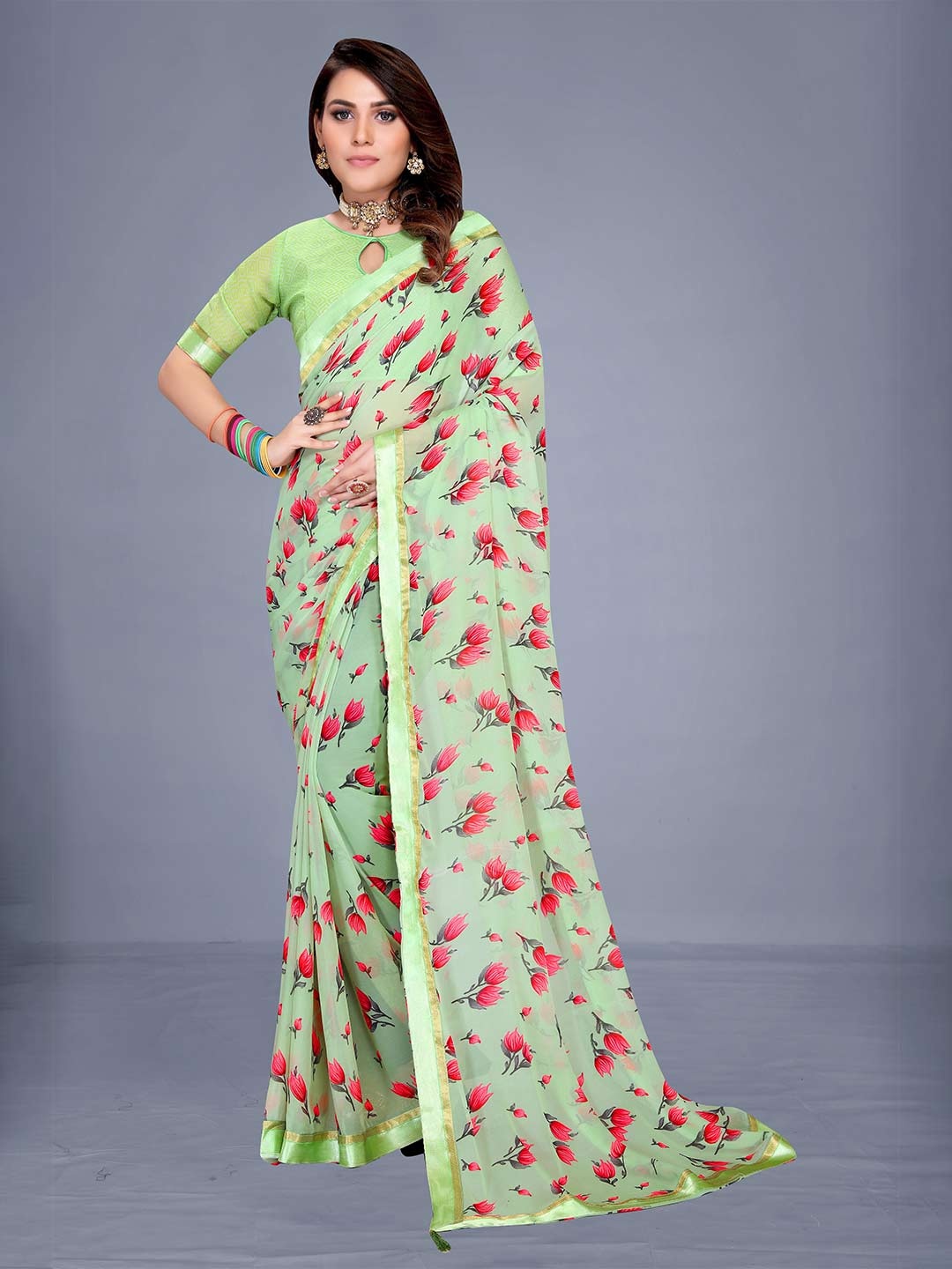 

VENISA Green & Red Floral Zari Bagh Saree
