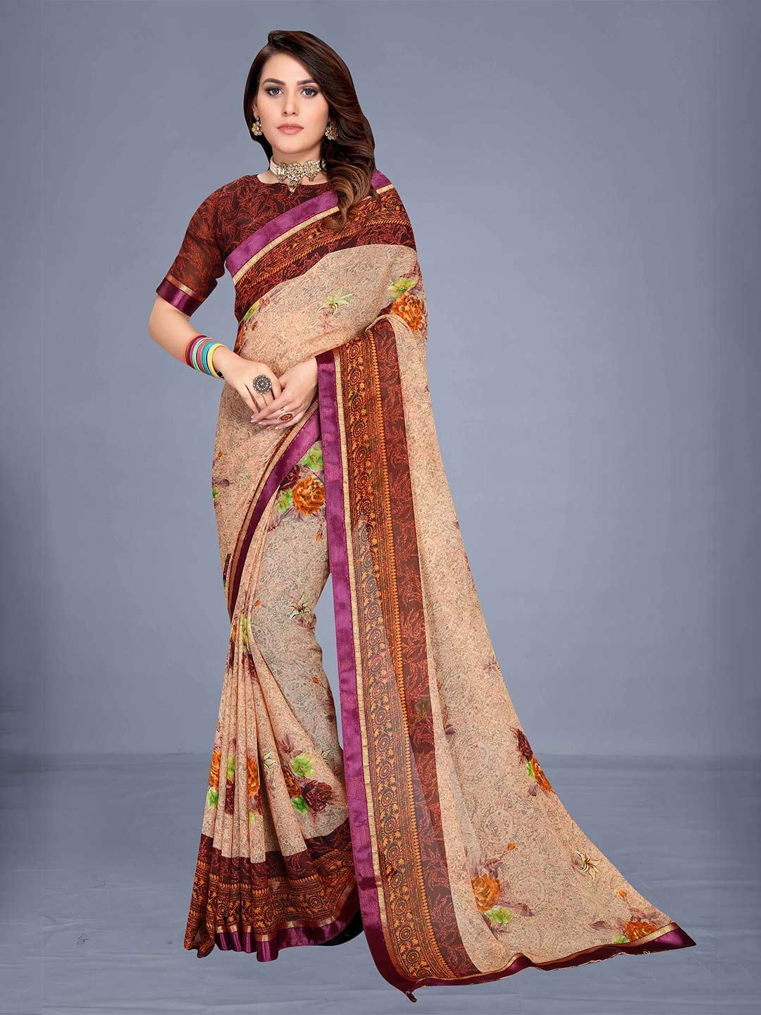 

VENISA Beige & Brown Floral Bagh Saree