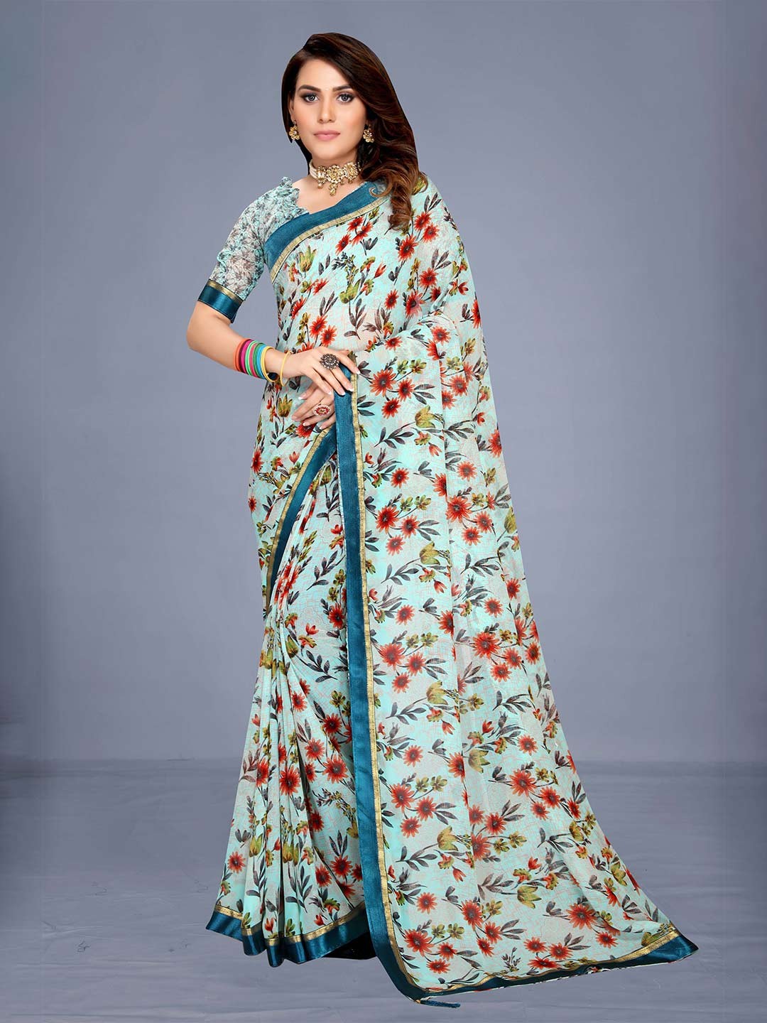 

VENISA Blue & Green Floral Bagh Saree