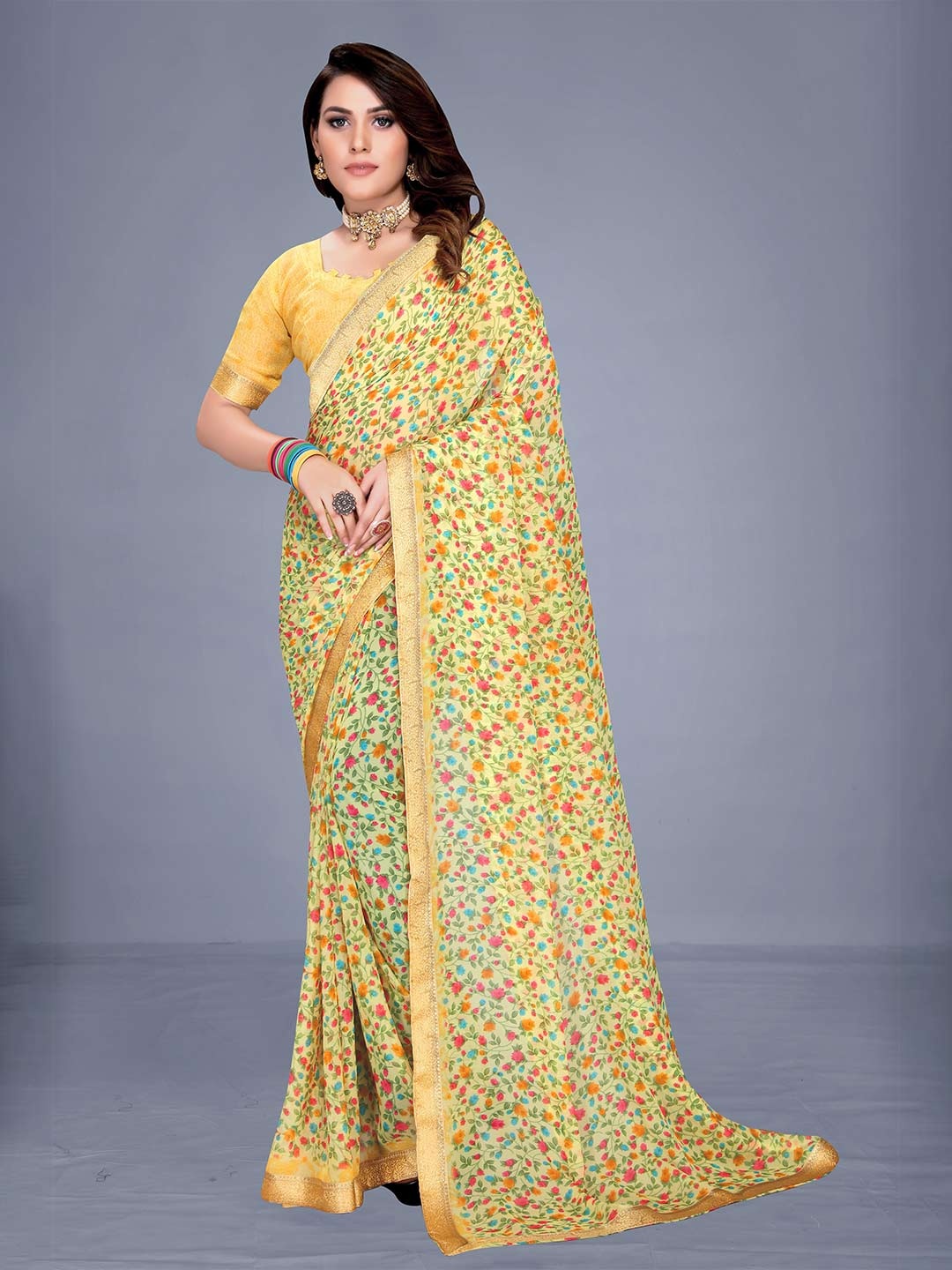 

VENISA Yellow & Green Floral Zari Bagh Saree