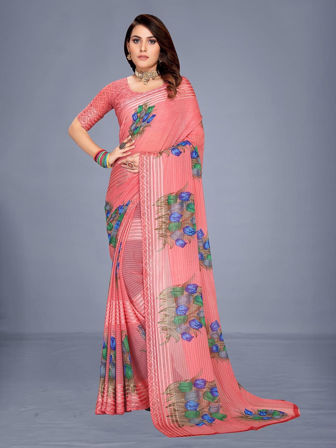 

VENISA Peach-Coloured & Blue Floral Bagh Saree