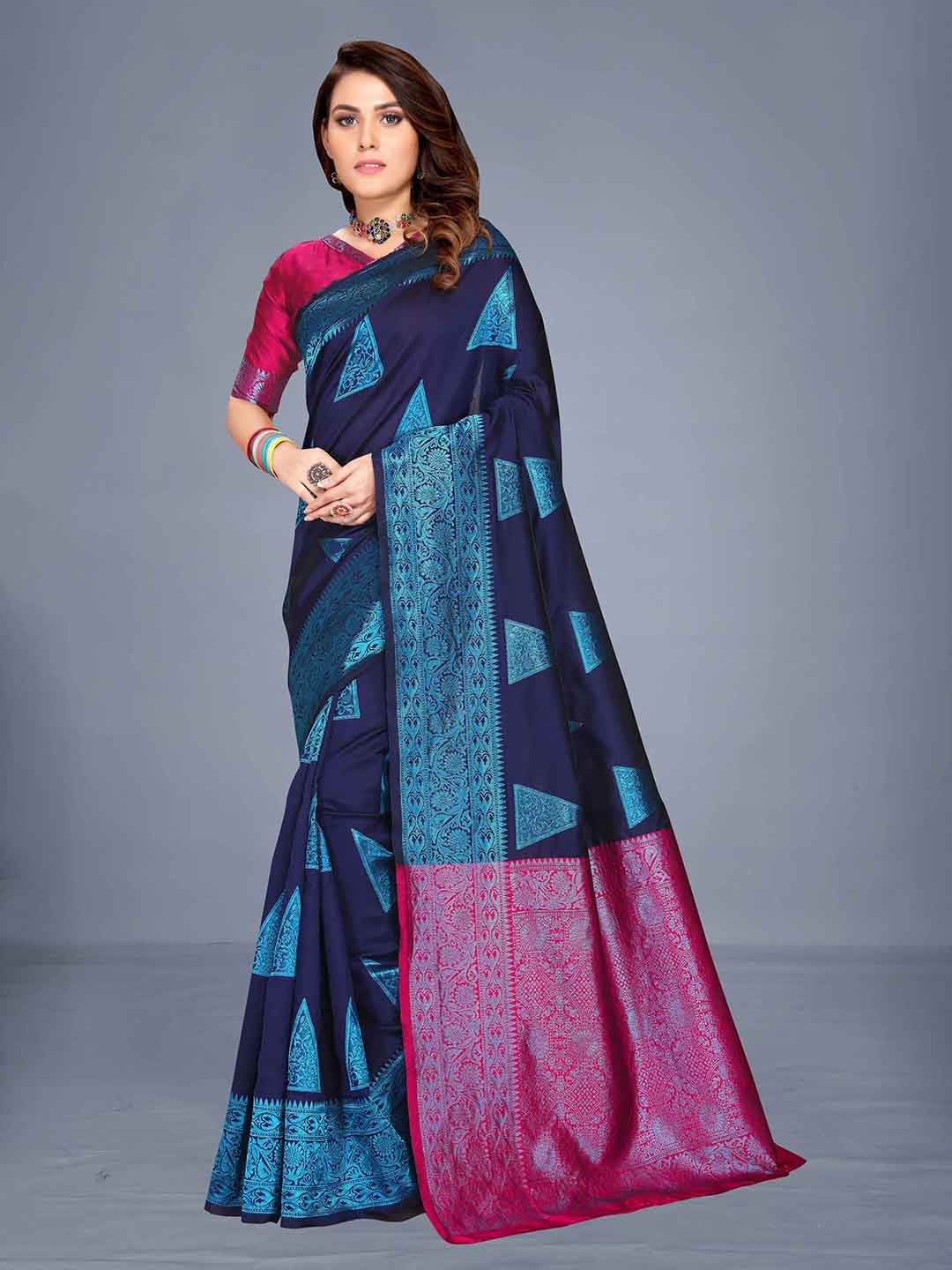 

VENISA Navy Blue & Pink Woven Design Zari Saree