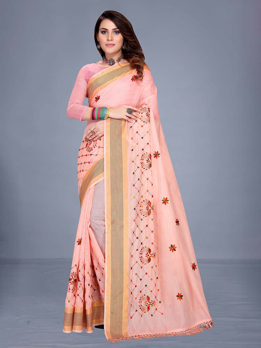 

VENISA Peach-Coloured & Red Ethnic Motifs Embroidered Saree