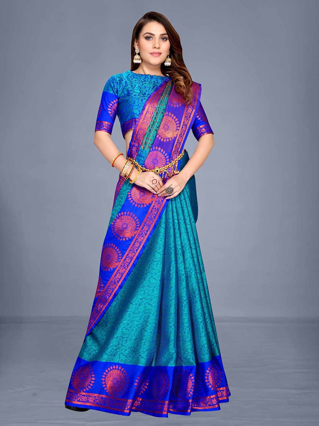 

VENISA Ethnic Motifs Woven Design Saree, Turquoise blue