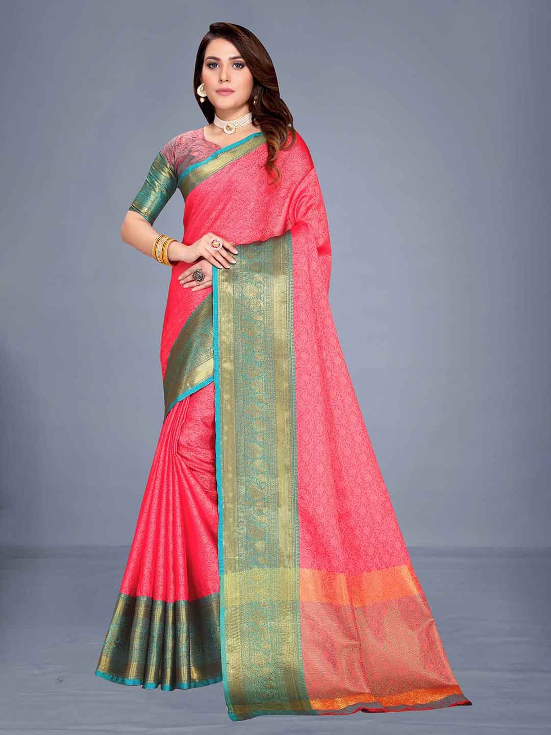 

VENISA Pink & Turquoise Blue Woven Design Zari Saree