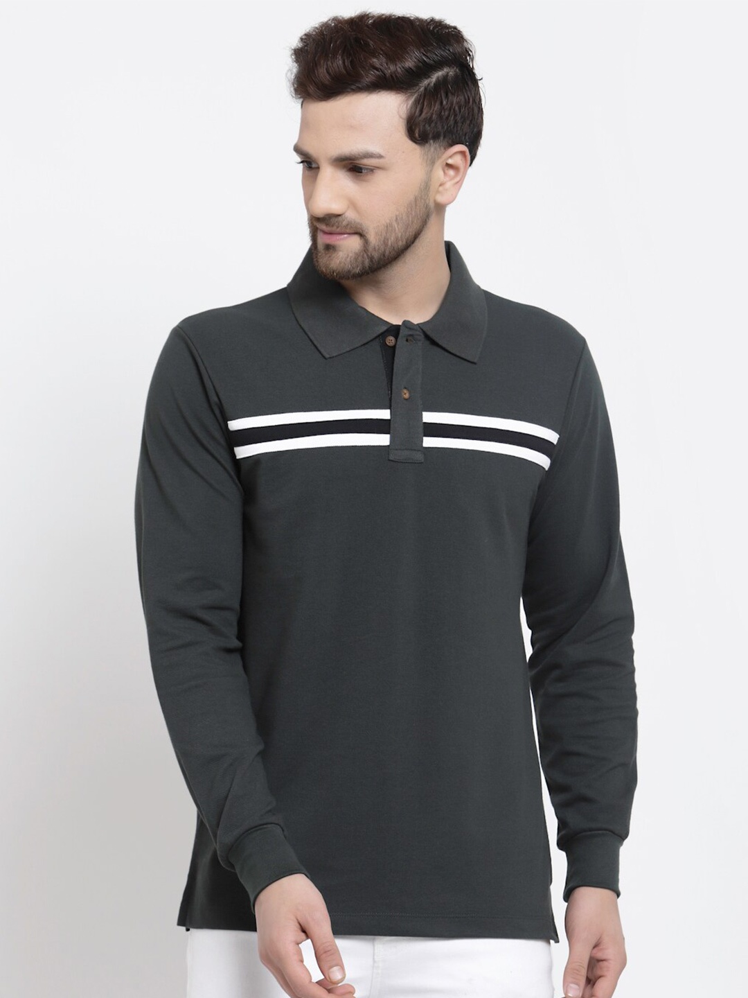 

Kalt Men Striped Polo Collar T-shirt, Green