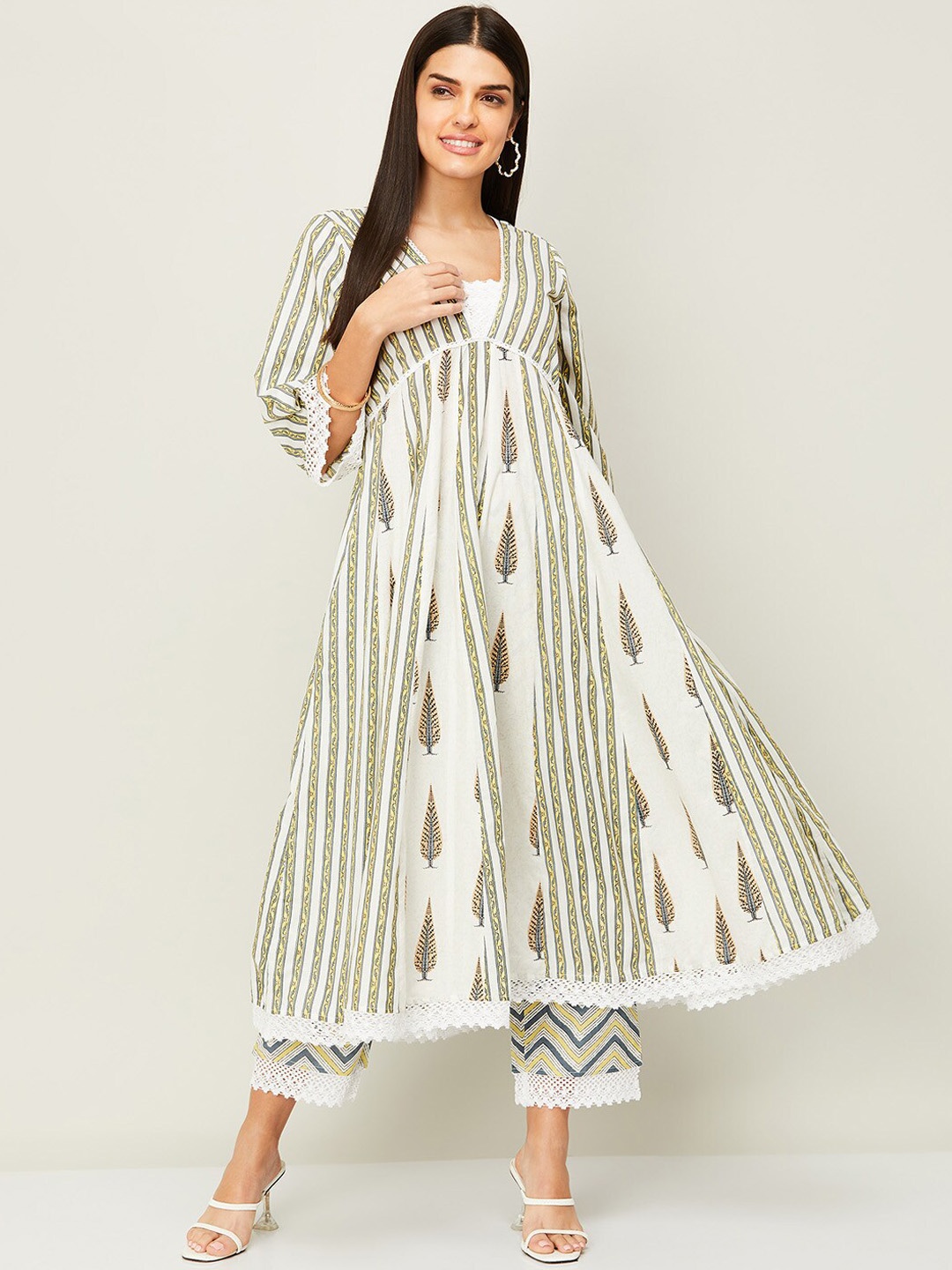 

Melange by Lifestyle Women Printed Empire Pure Cotton Kurta with Palazzos, Off white