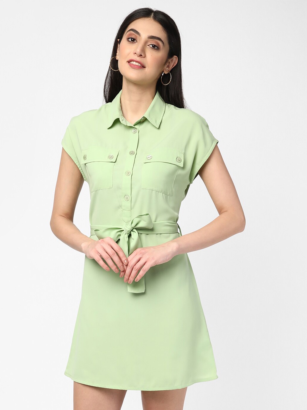 

R&B Shirt Collar Tie-Ups Belt A-Line Dress, Green