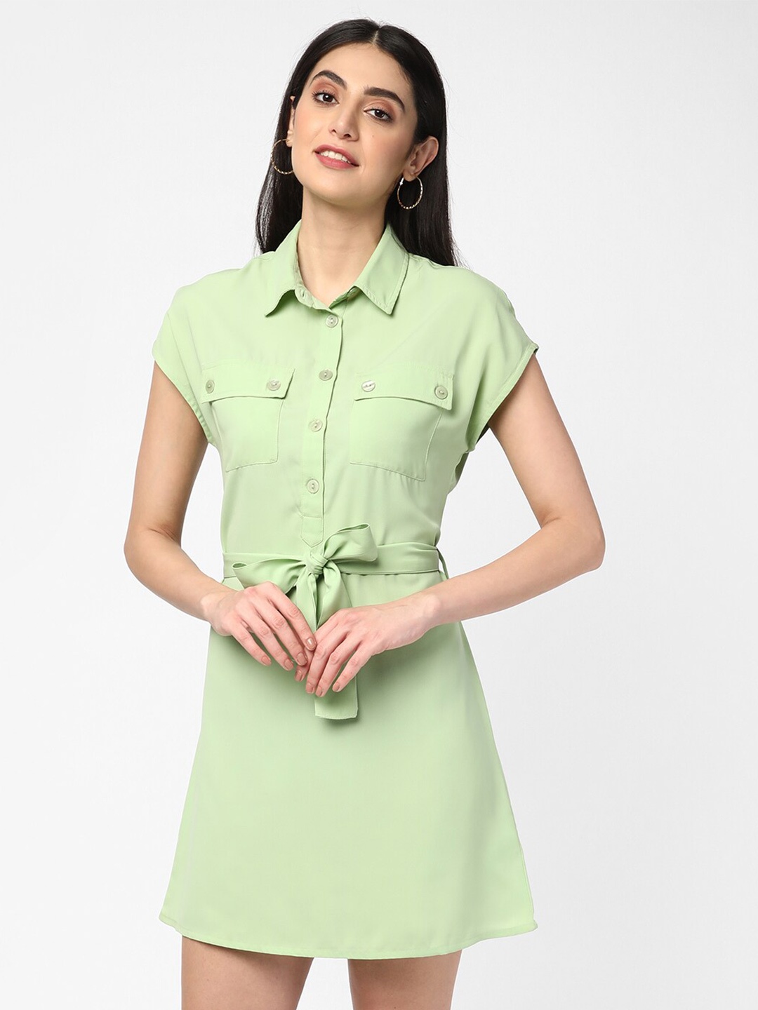 

R&B Shirt Collar Tie-Ups Belt Shirt Dress, Green