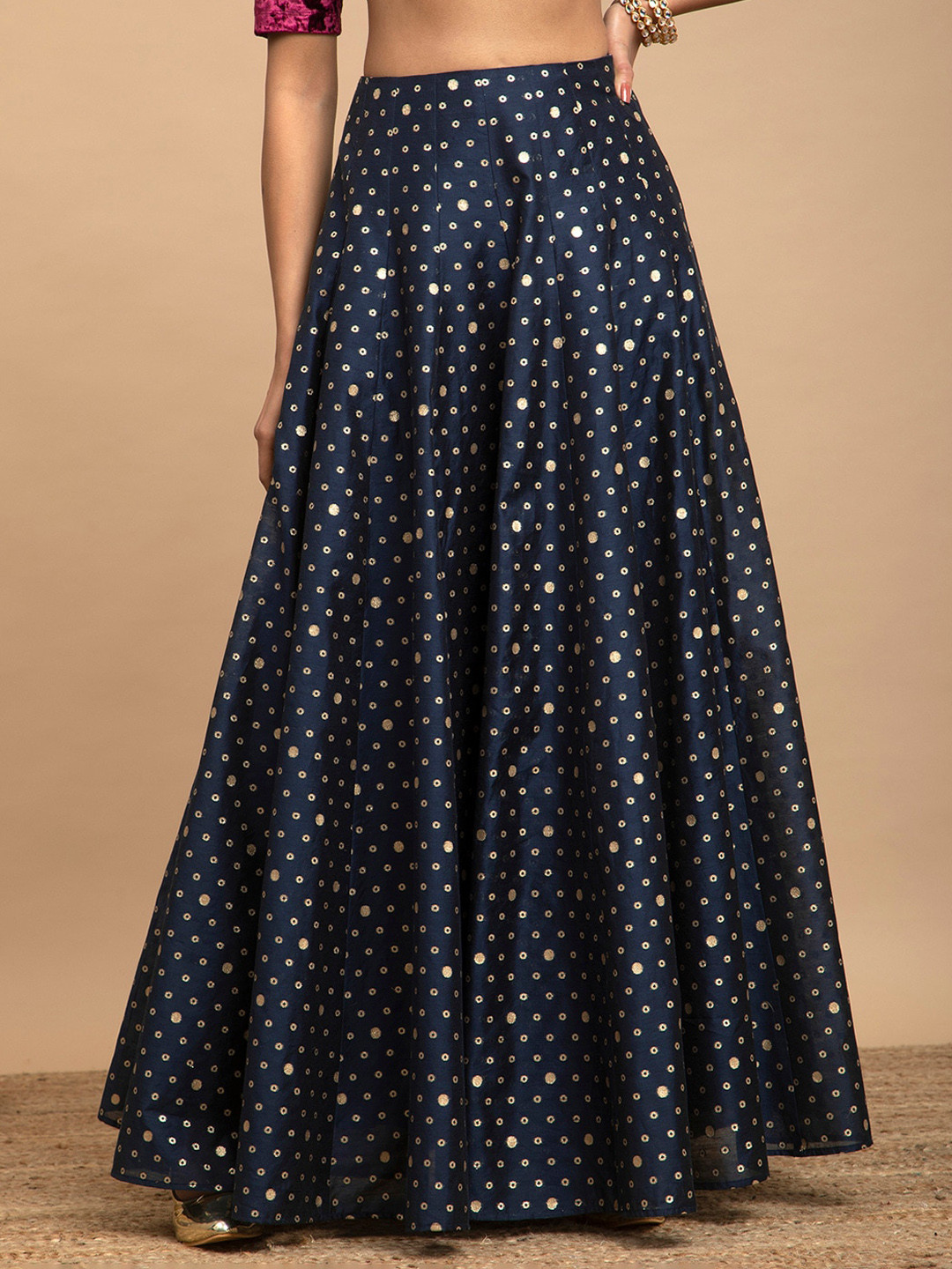 

Pink Fort Polka Dot Printed Flared Maxi Skirts, Navy blue