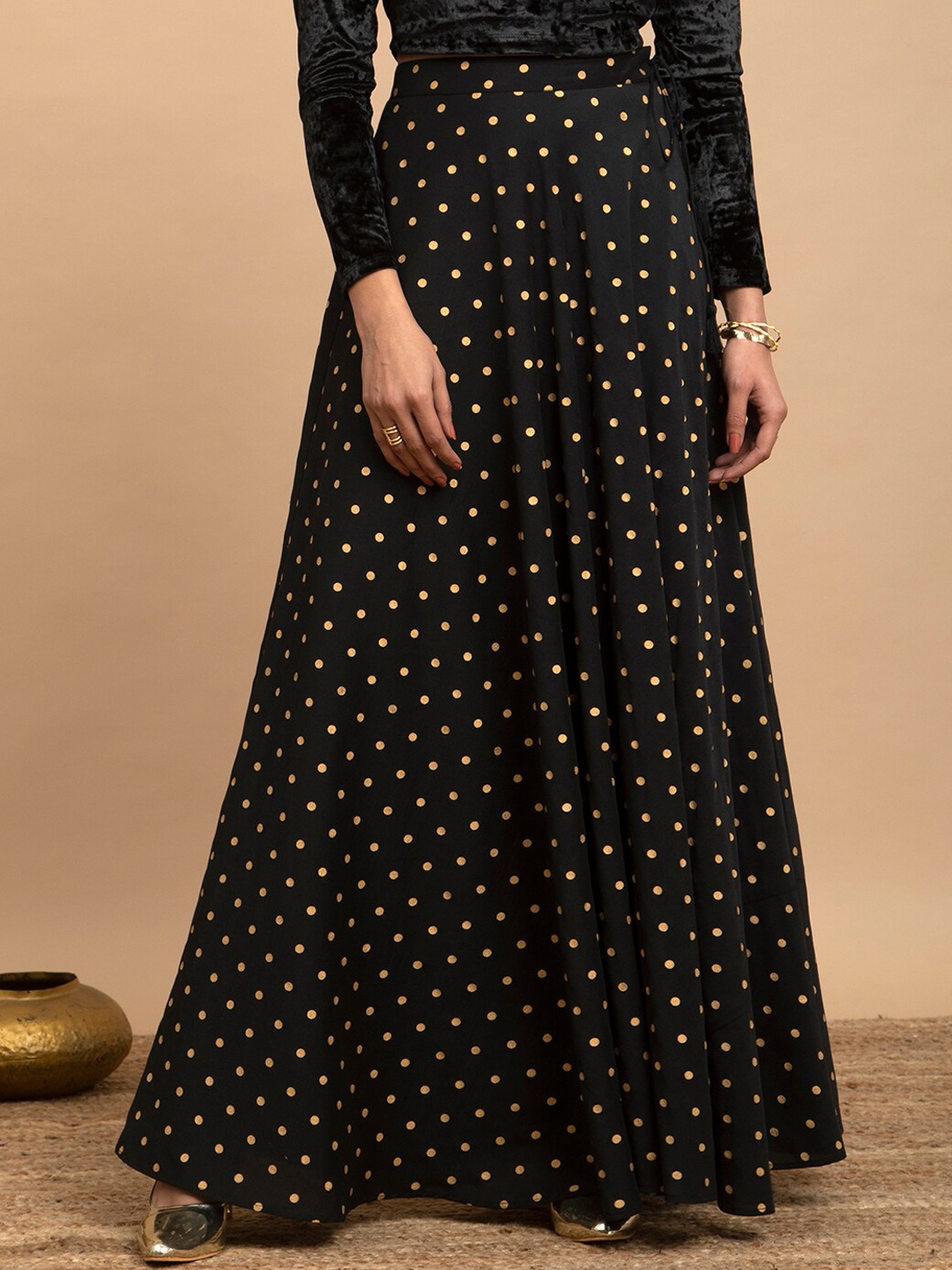 

Pink Fort Printed Flared Maxi Skirts, Black