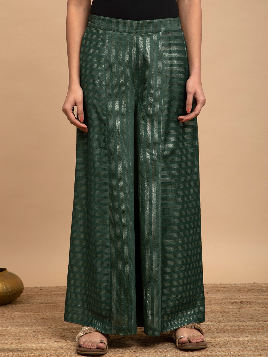 

Pink Fort Women Striped Relaxed Flared Trousers, Green