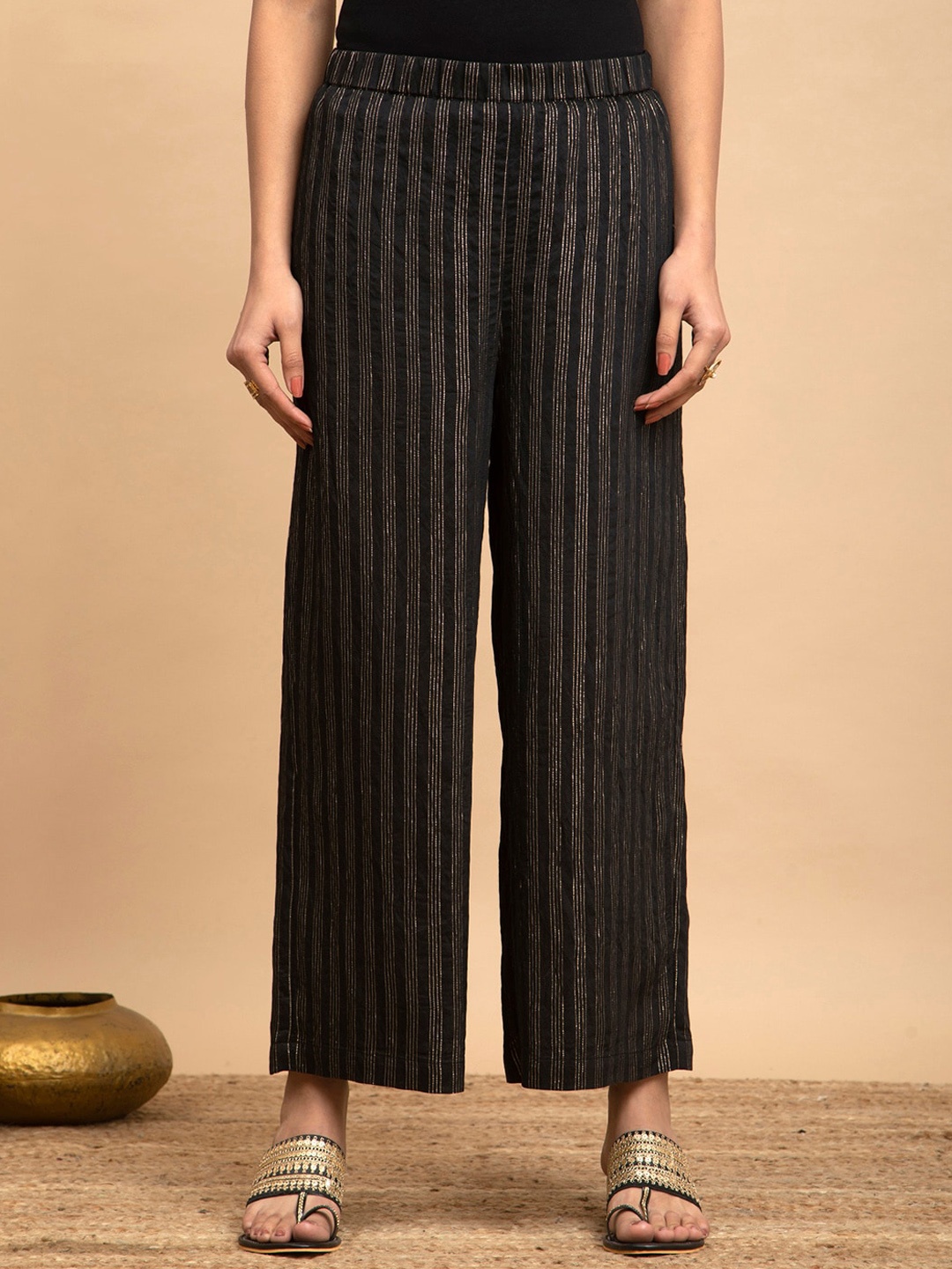 

Pink Fort Women Striped Relaxed Loose Fit Trousers, Black