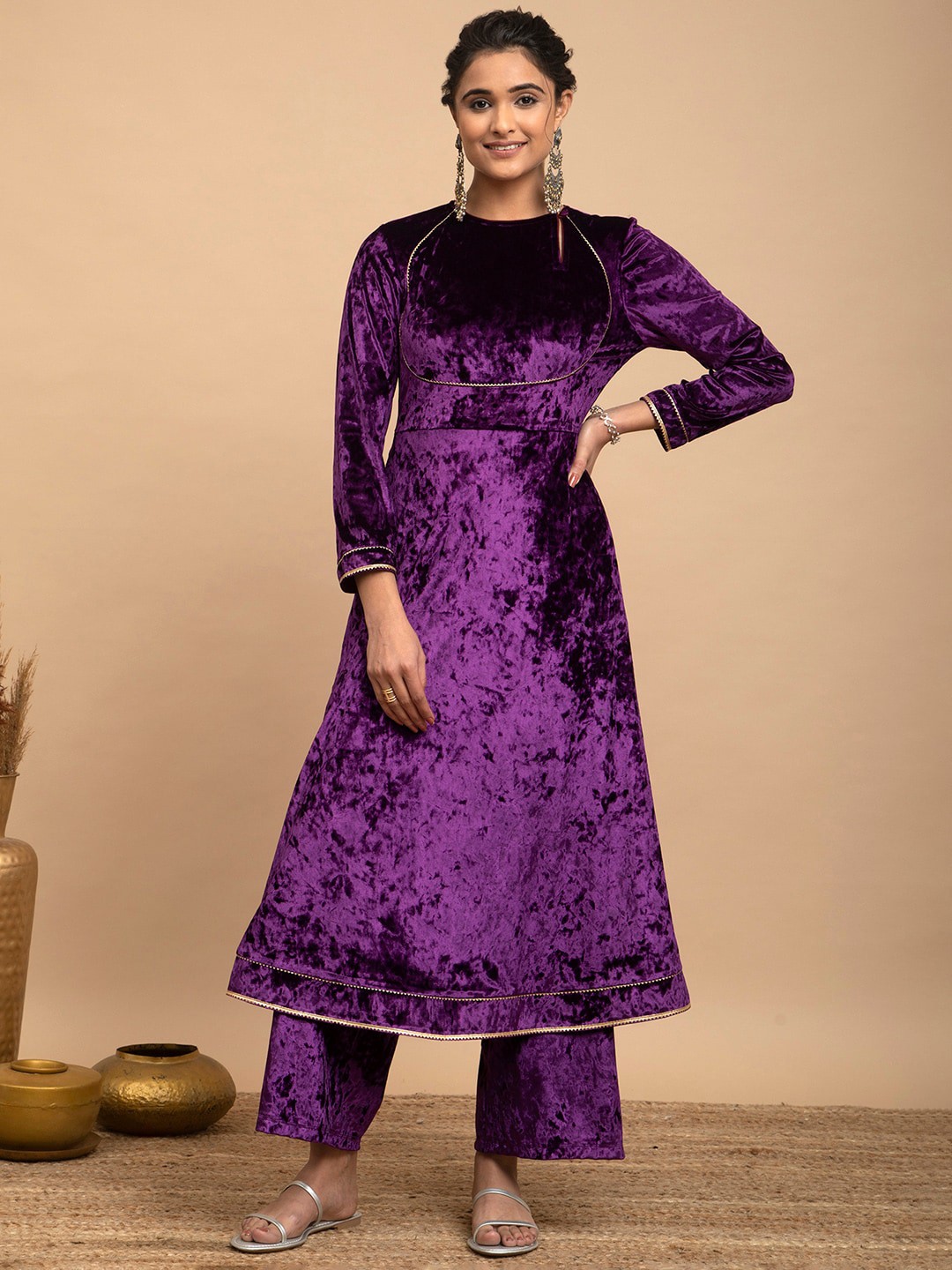 

Pink Fort Women Gotta Patti Velvet Kurta with Palazzos, Purple
