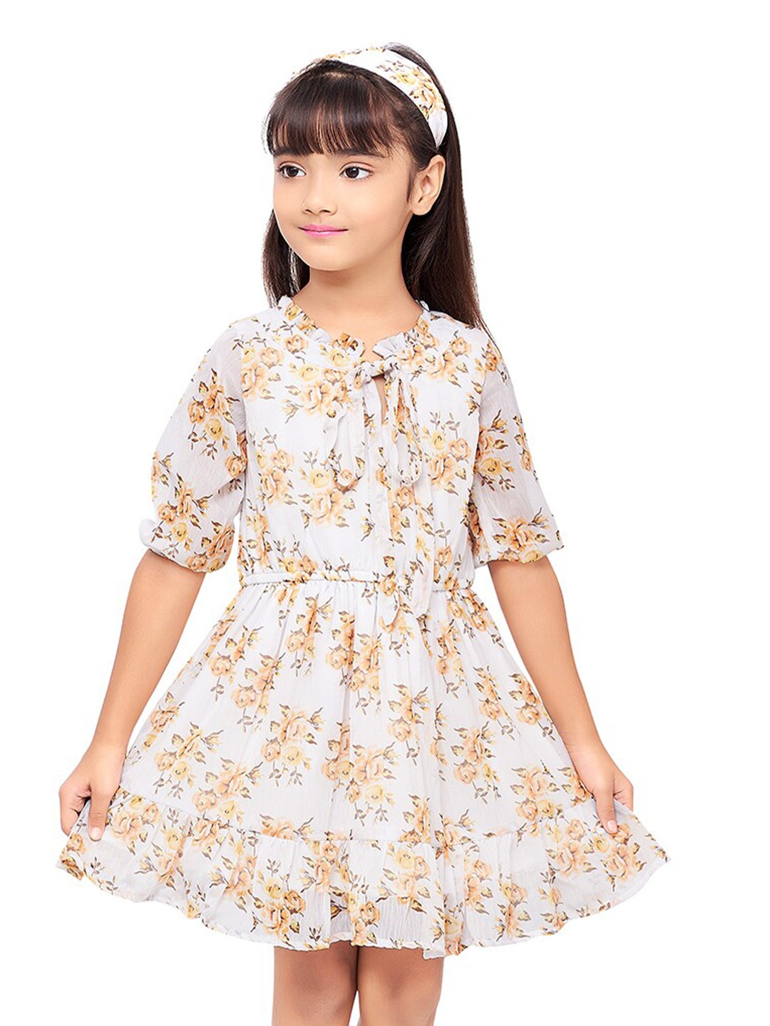 

Doodle Girl Floral Printed Tie-Up Neck Fit And Flare Dress, Yellow